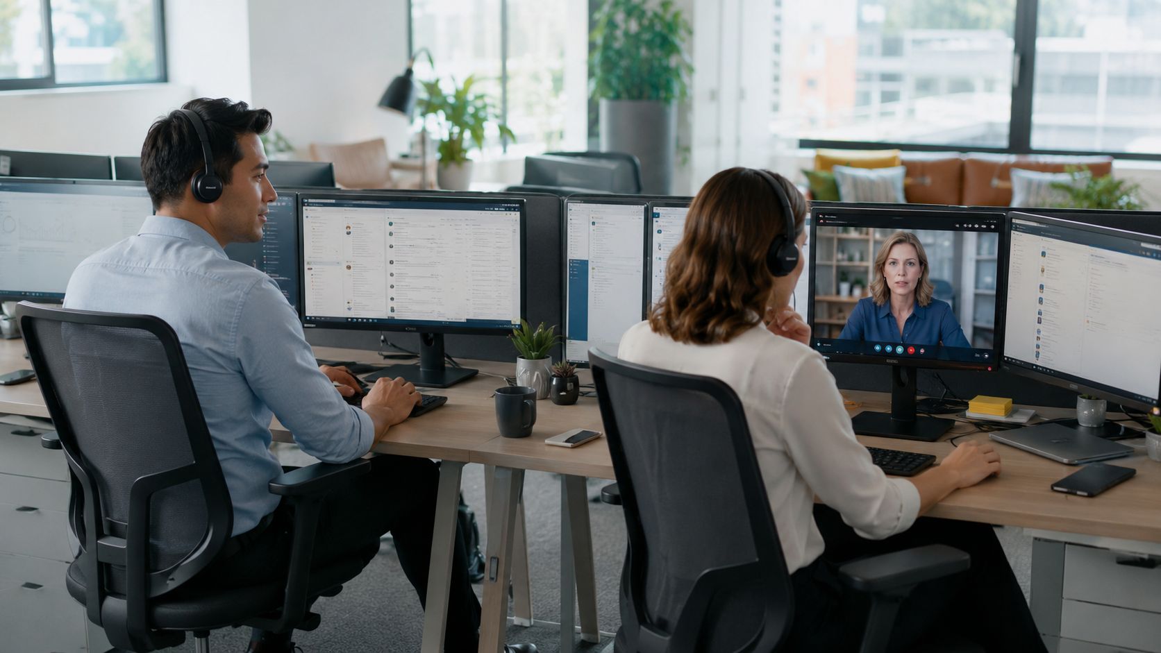 Zwei Büroangestellte mit Headsets arbeiten konzentriert an ihren Computern in einem modernen, hellen und offenen Bürobereich.