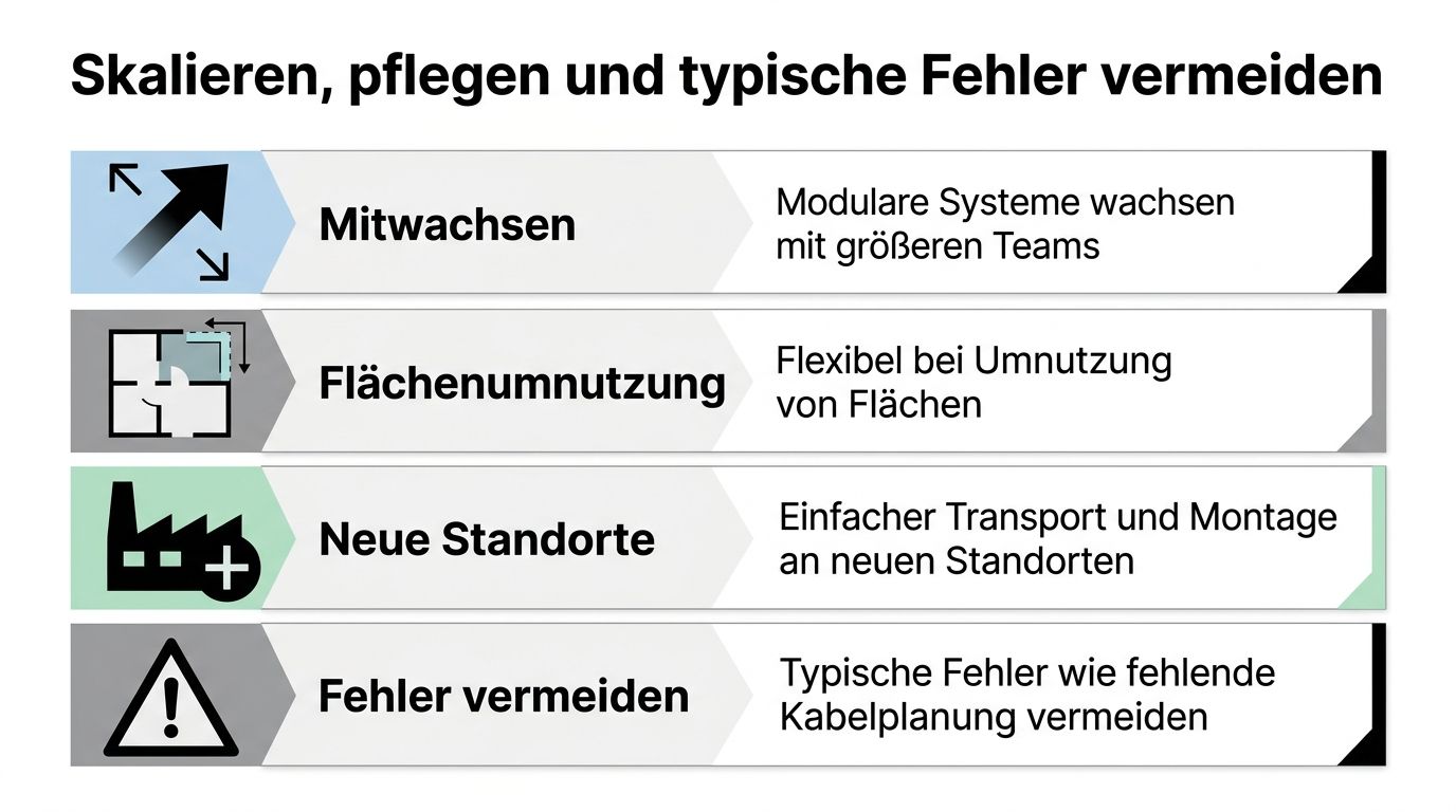 Eine Infografik über modulare Möbelsysteme zeigt vier Vorteile: Mitwachsen, Flächenumnutzung, neue Standorte und Fehlervermeidung bei der Planung.