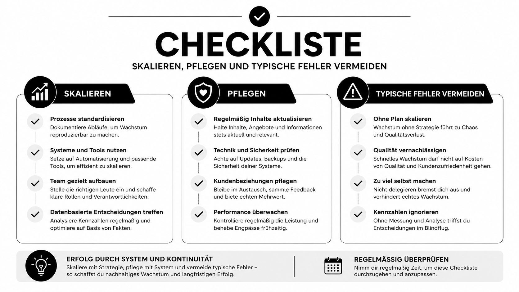 Eine strukturierte Checkliste zur geschäftlichen Skalierung, regelmäßigen Pflege und Vermeidung häufiger unternehmerischer Fehler für nachhaltigen Erfolg.