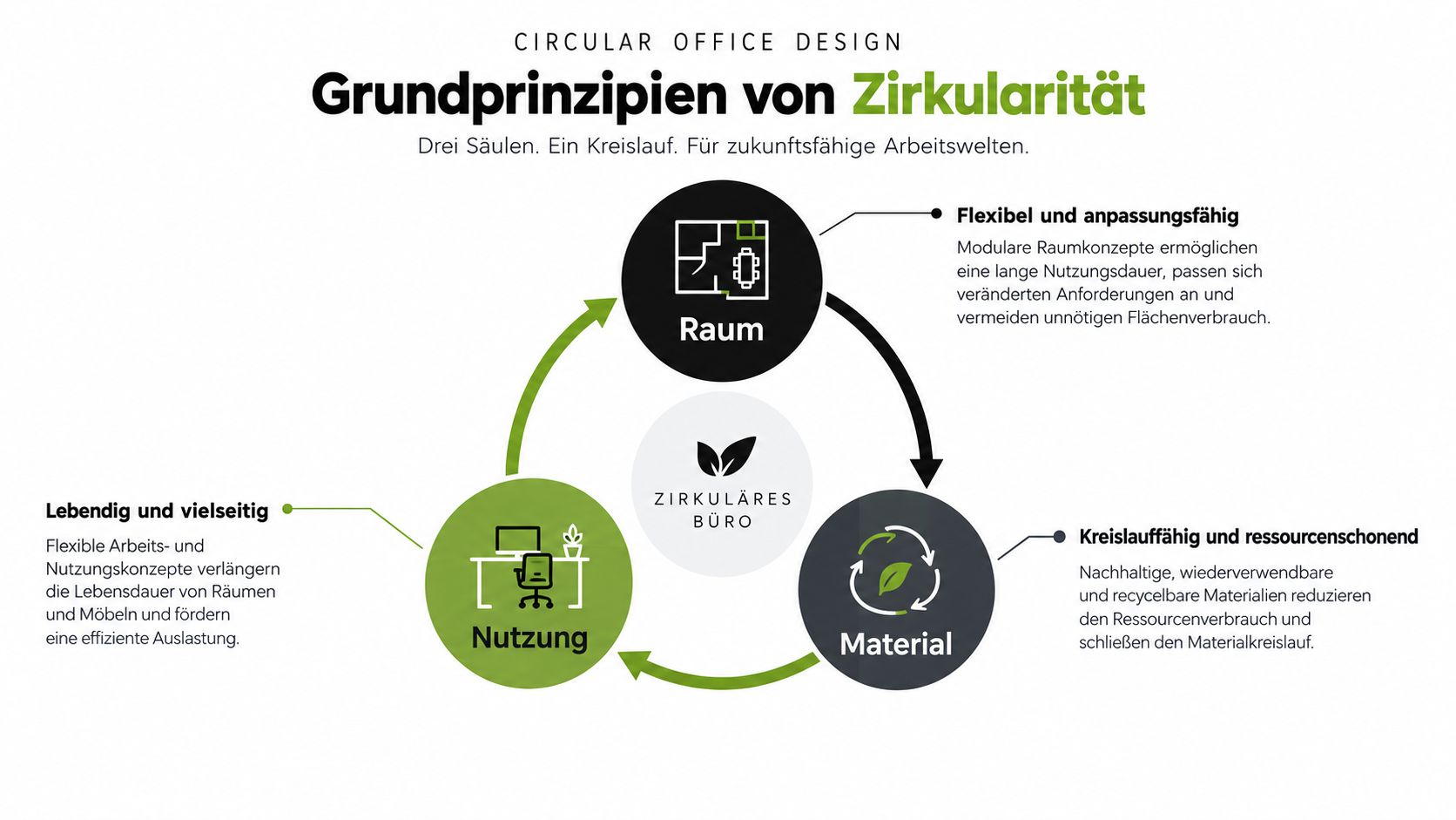 Eine Infografik über zirkuläres Bürodesign, die die drei Säulen Raum, Nutzung und Material in einem Kreislauf darstellt.