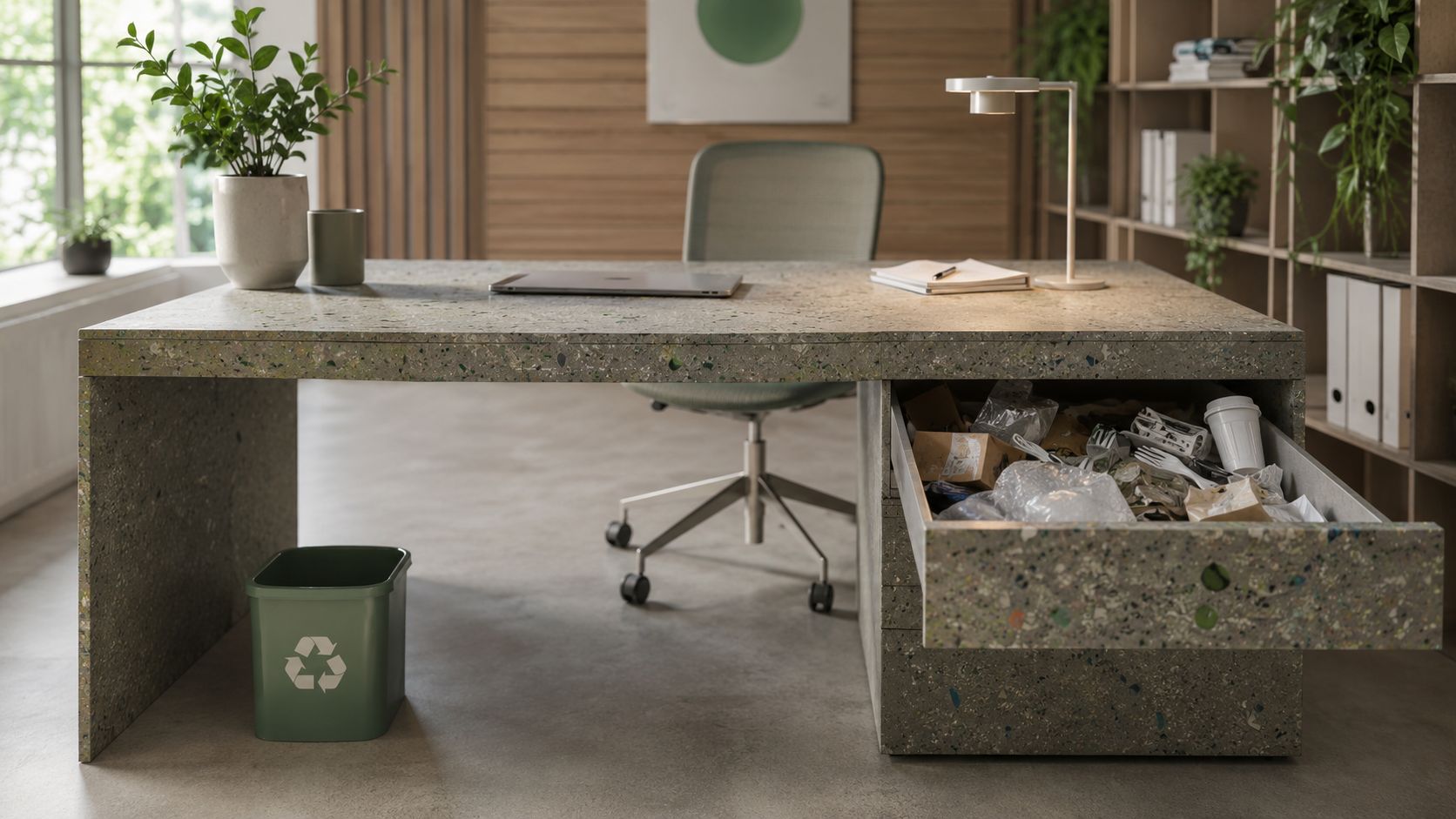Ein moderner Schreibtisch im Kreislaufwirtschafts-Design mit einer Schublade voll Abfall und einem daneben stehenden Recycling-Mülleimer.