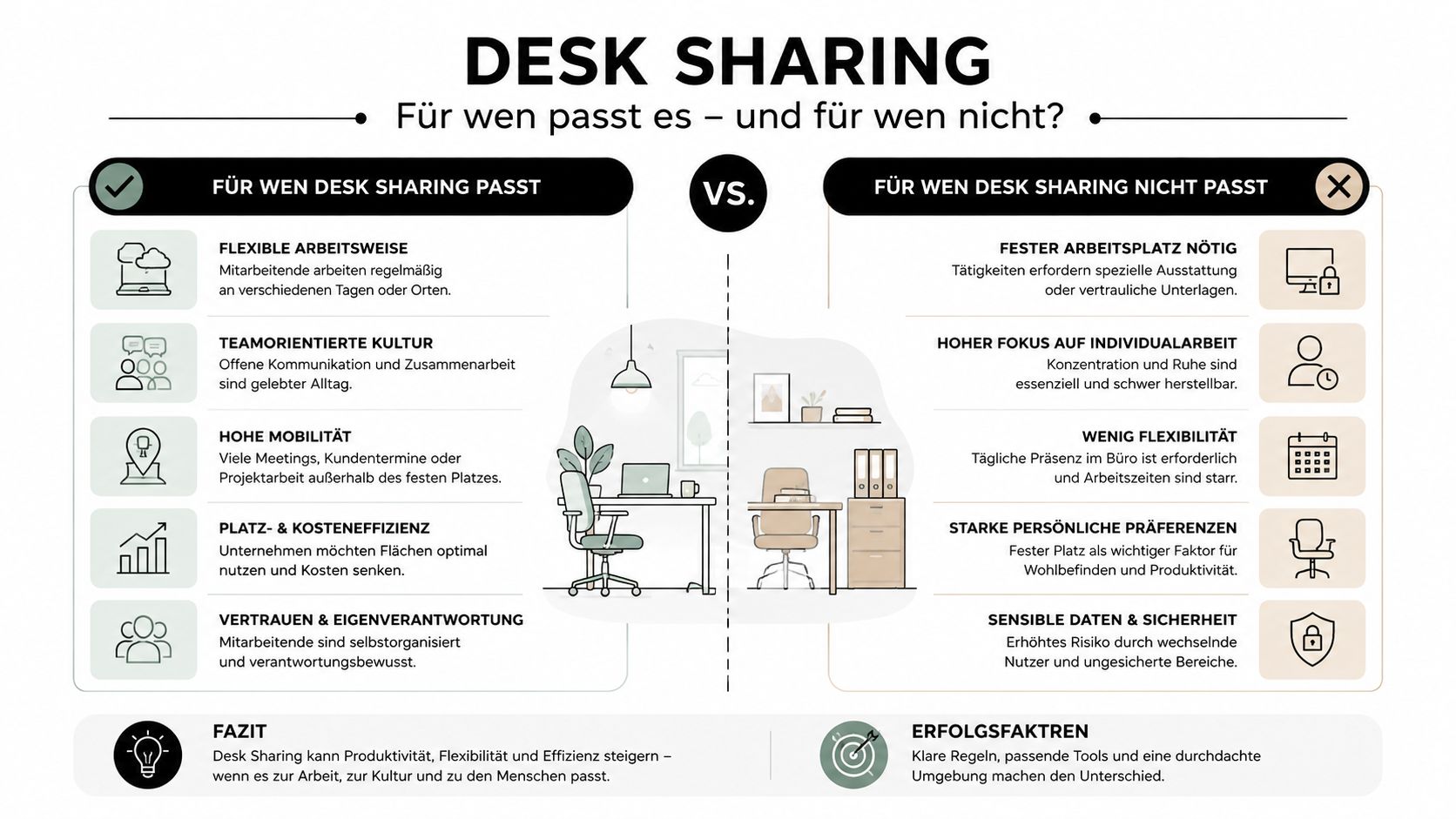 Eine Infografik, die die Vor- und Nachteile von Desk Sharing für Unternehmen und deren Mitarbeiter gegenüberstellt.