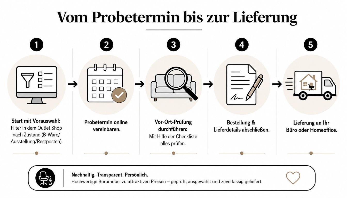 Eine Infografik erklärt den fünfstufigen Prozess von der Vorauswahl im Outlet-Shop bis zur Lieferung Ihrer Büromöbel.
