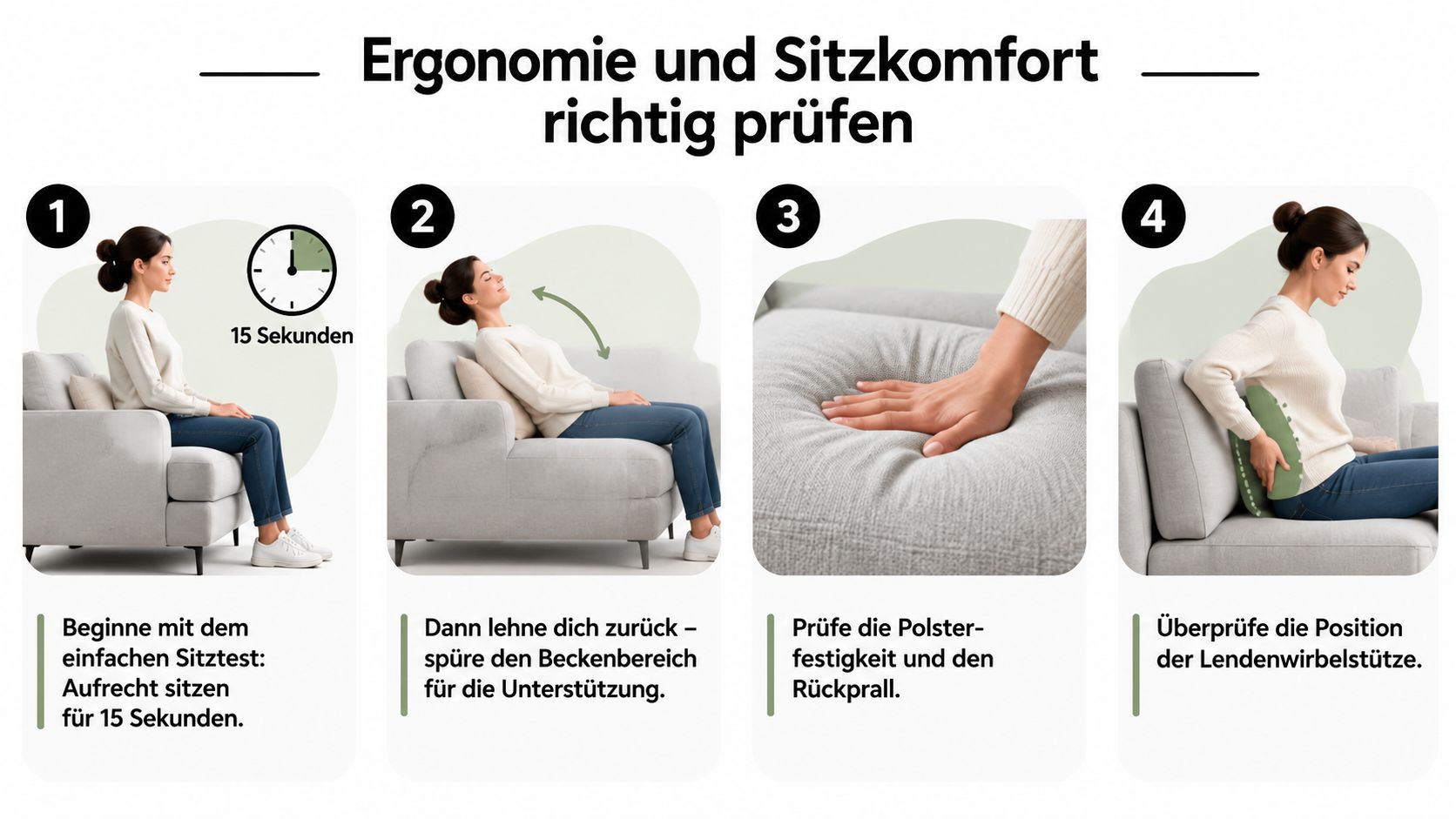 Eine Anleitung in vier Schritten zur Prüfung der Ergonomie und des Sitzkomforts eines Sofas für optimale Unterstützung.