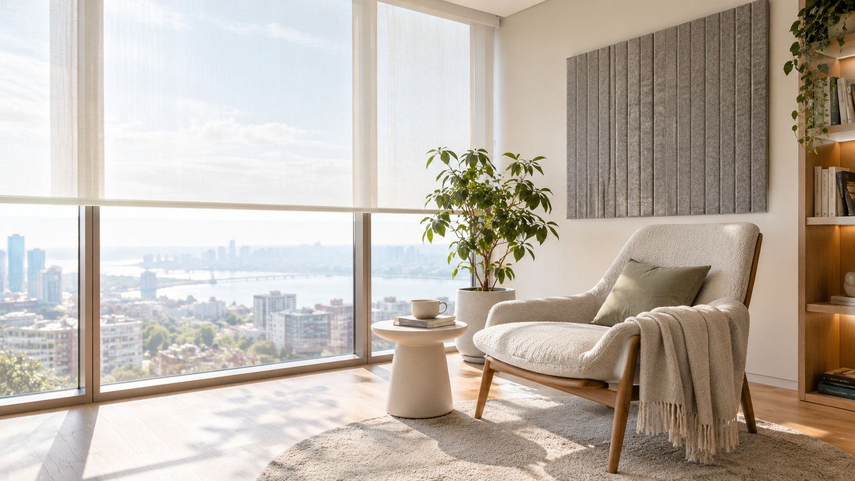 Ein gemütlicher Sessel am Fenster mit Blick auf eine Stadt und eine entspannte Leseecke im Innenraum.