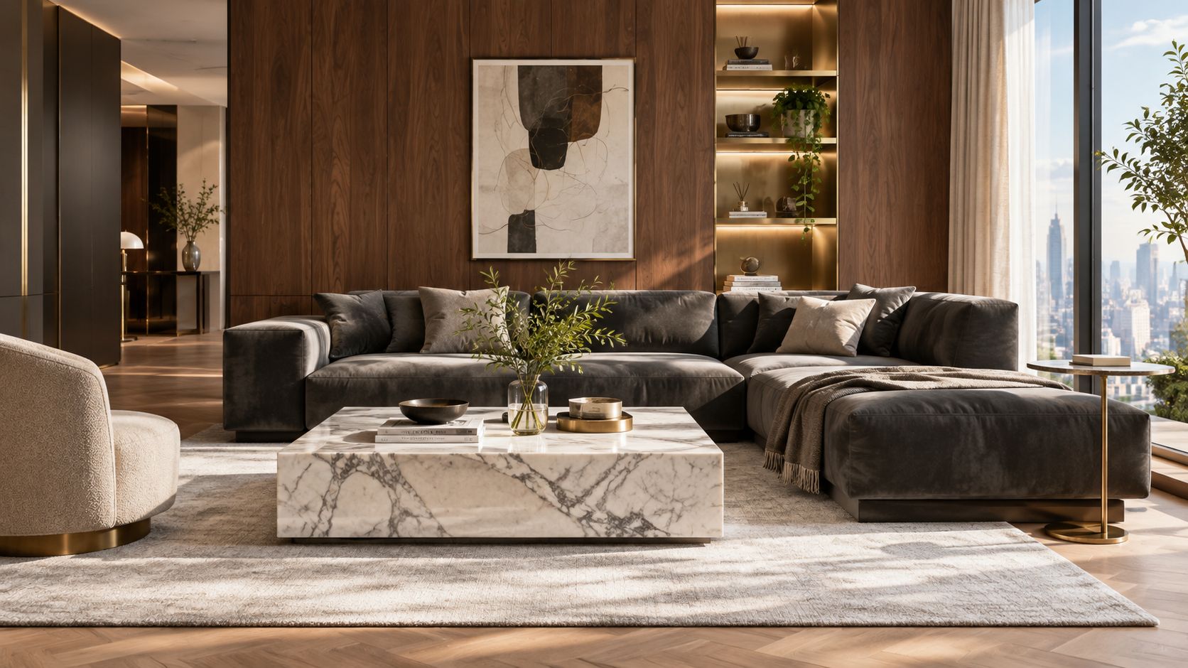 Ein luxuriöses Wohnzimmer mit einem eleganten Marmor-Couchtisch, einem dunkelgrauen Sofa und einer stilvollen Wandvertäfelung aus dunklem Holz.