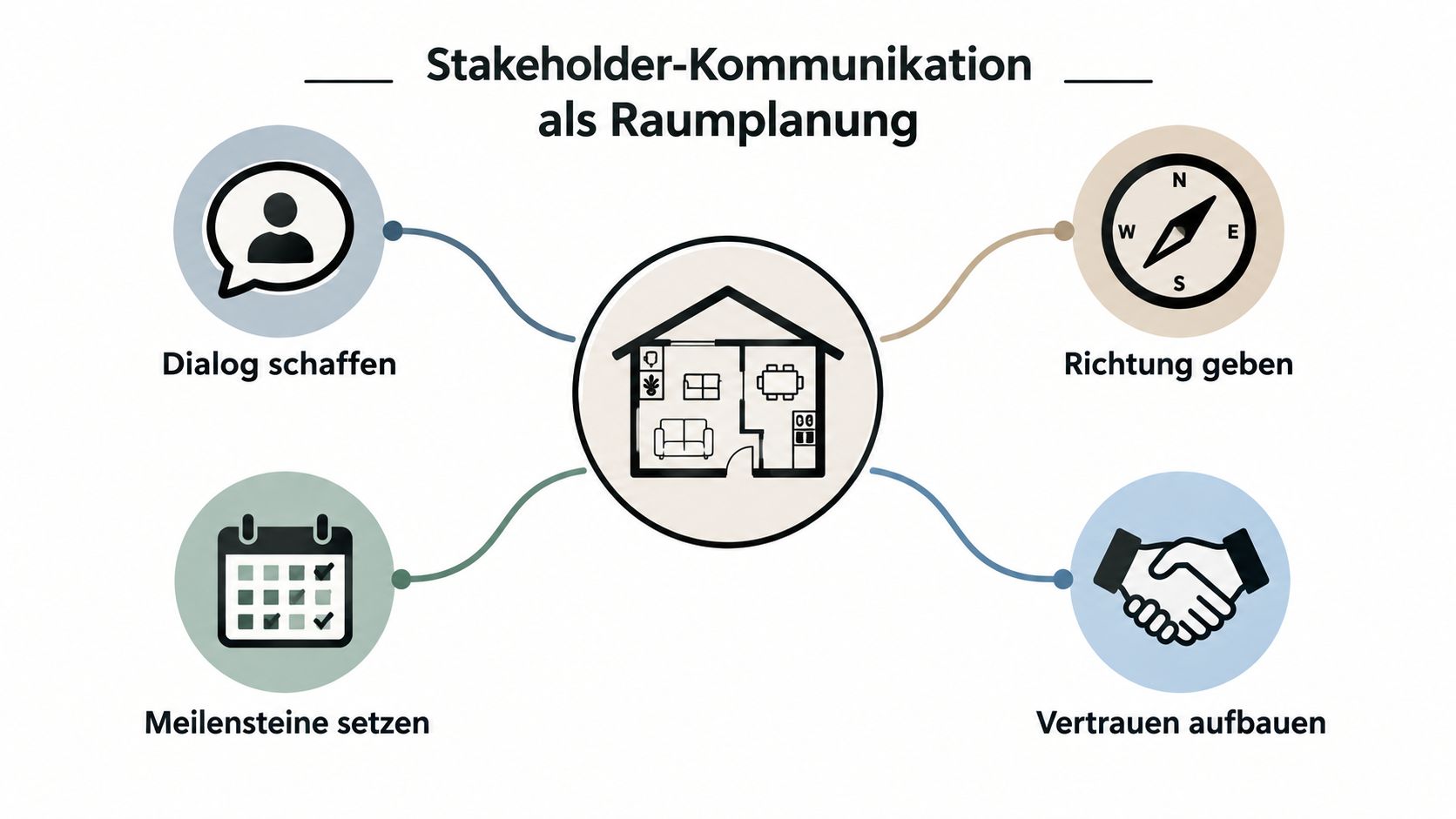 Grafik zur Stakeholder-Kommunikation als Raumplanung mit vier Kernaspekten: Dialog, Richtung, Meilensteine und Vertrauensaufbau.