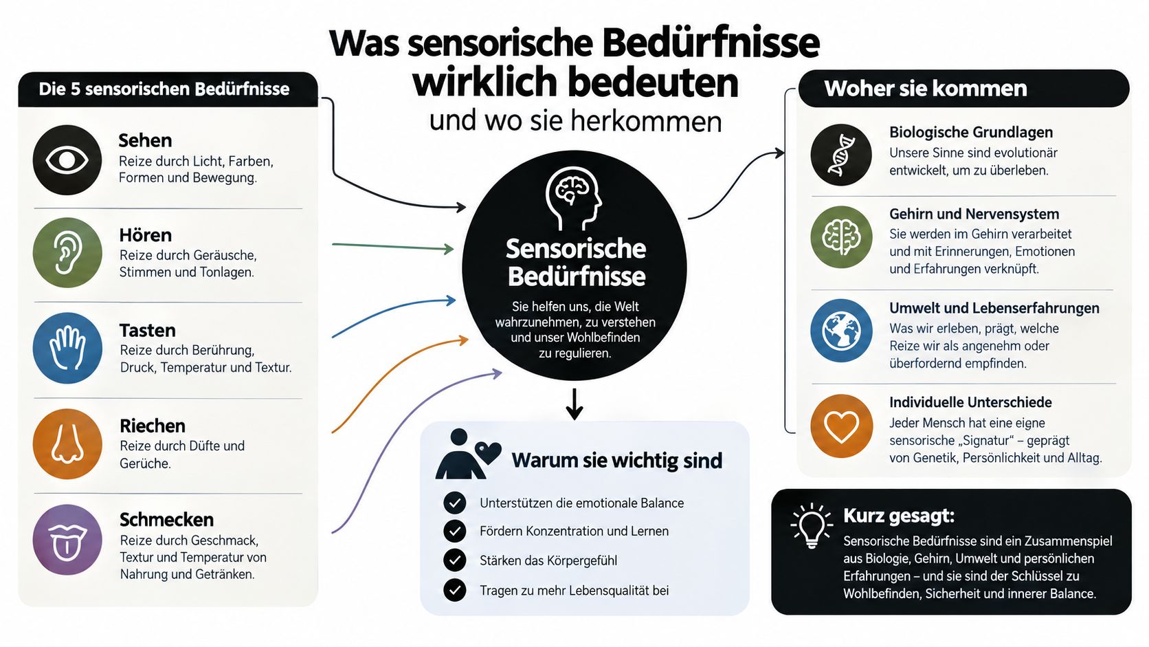 Eine Infografik erklärt die fünf sensorischen Bedürfnisse, deren biologische Grundlagen und ihre Bedeutung für das Wohlbefinden.