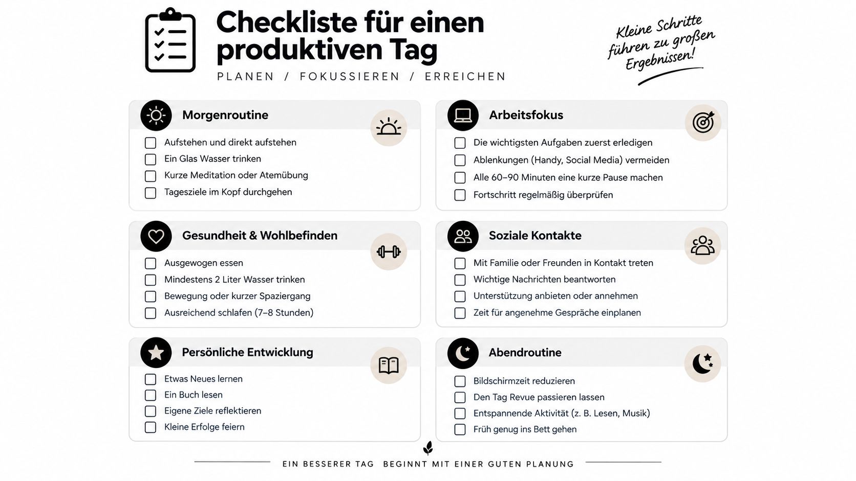 Eine Checkliste für einen produktiven Tag mit verschiedenen Kategorien zur Planung, Fokussierung und Erreichung persönlicher Ziele.