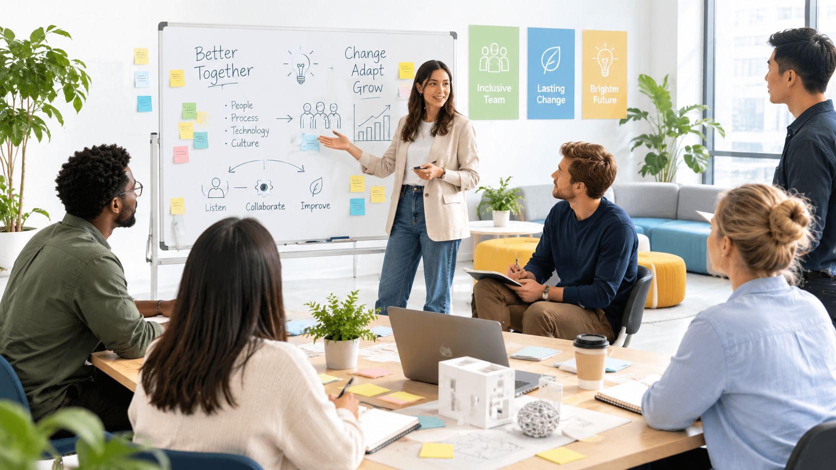 Eine Frau präsentiert Strategien in einem modernen Büro vor einem Team während eines kreativen Brainstormings.