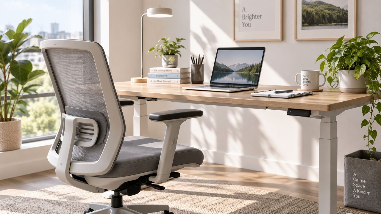 Ein moderner, heller Arbeitsplatz mit einem höhenverstellbaren Schreibtisch, einem ergonomischen Bürostuhl und einer grünen Zimmerpflanze im Büro.
