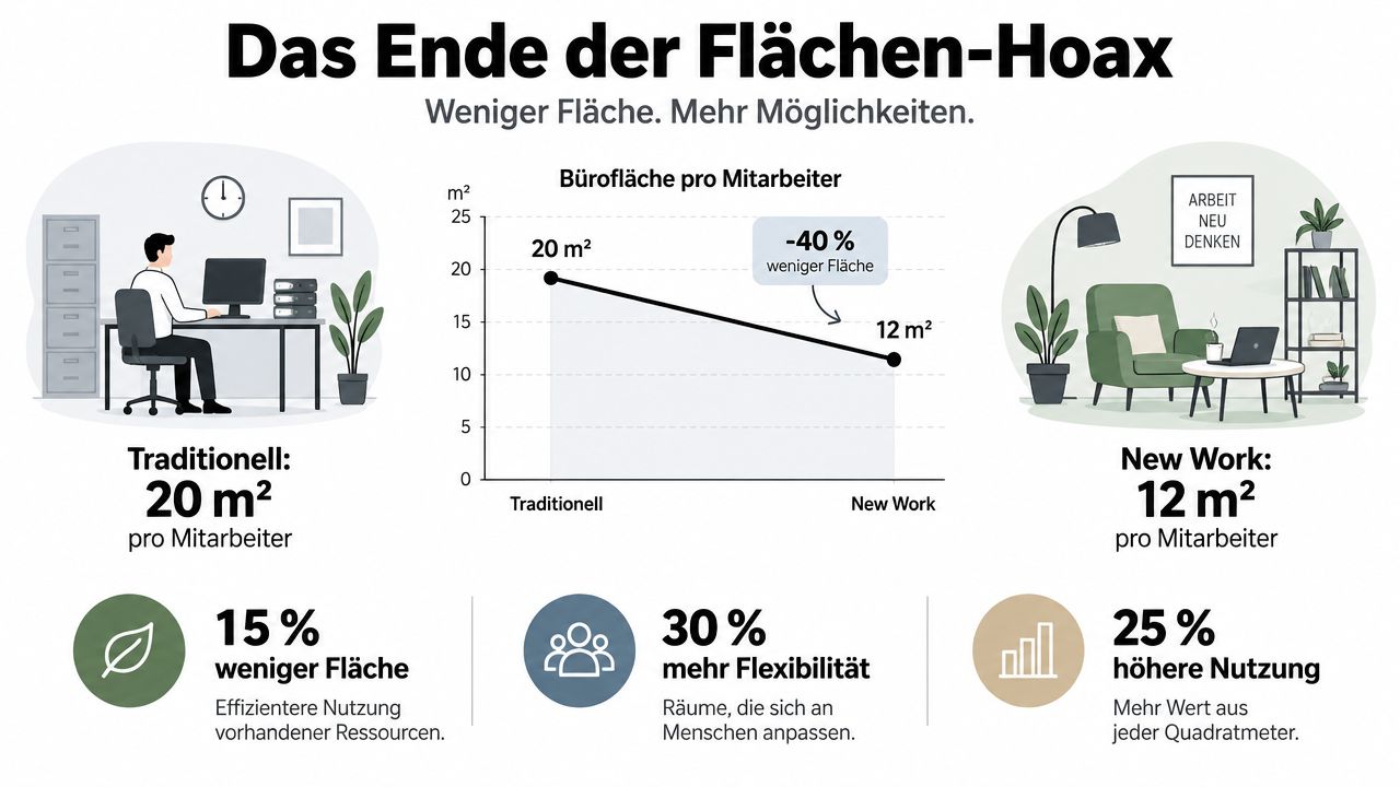 Eine Infografik zum Vergleich traditioneller Büroräume mit modernen New Work Konzepten zur effizienteren Flächennutzung.