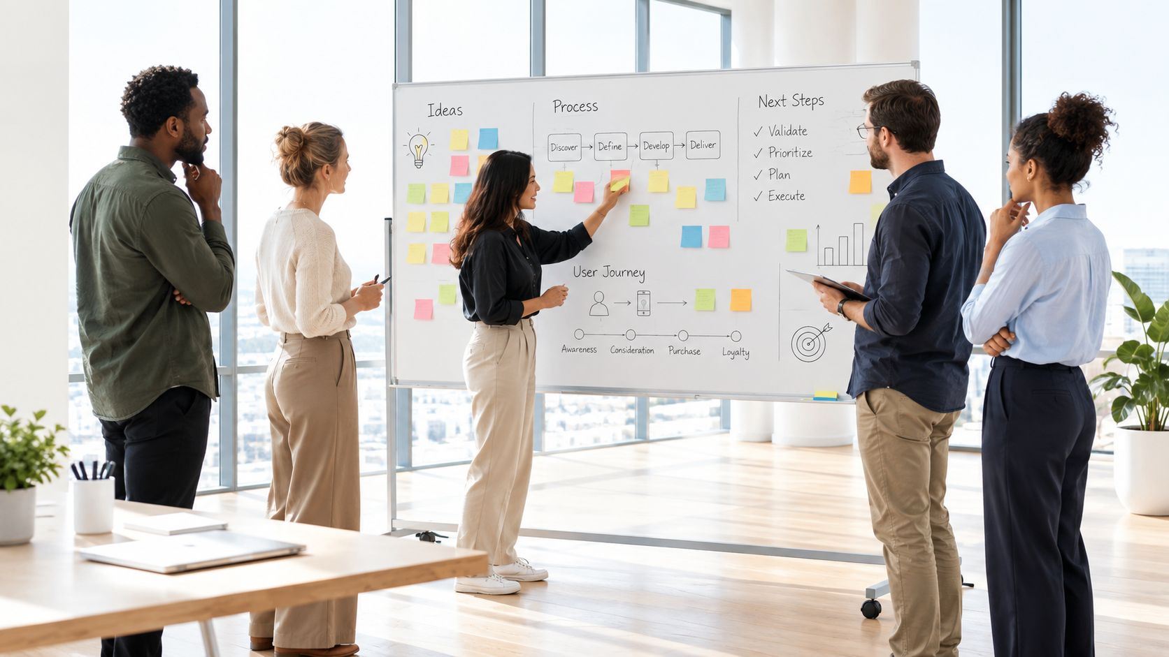 Ein diverses Team arbeitet in einem modernen Büro zusammen an einem Whiteboard mit Prozessgrafiken und Notizzetteln.
