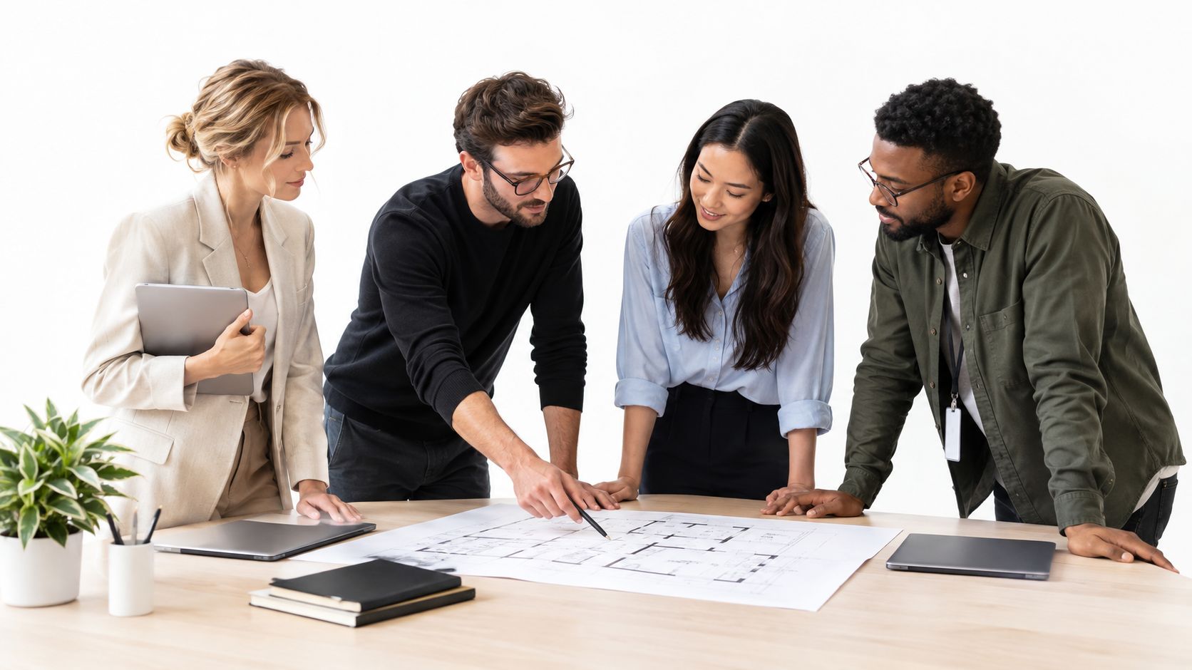 Ein interdisziplinäres Team aus vier Personen bespricht gemeinsam einen Bauplan an einem modernen Konferenztisch im Büro.