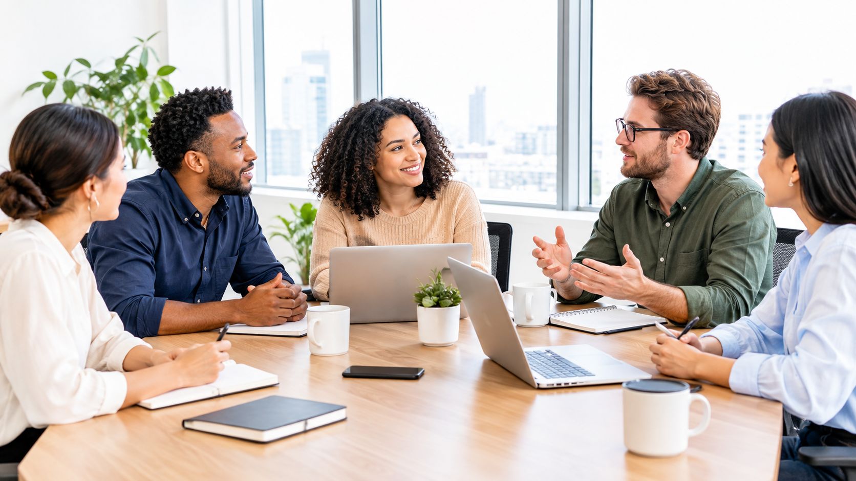 Ein diverses Team von Fachleuten arbeitet bei einem gemeinsamen Brainstorming-Meeting in einem hellen Büro zusammen.