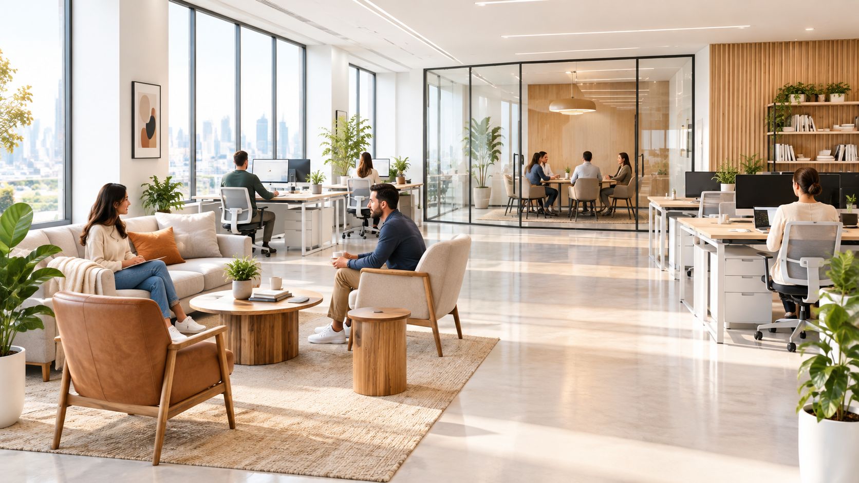 Ein helles, modernes Großraumbüro mit Mitarbeitern, die in Besprechungsräumen und an Arbeitsplätzen zusammenarbeiten oder in einer Lounge entspannen.