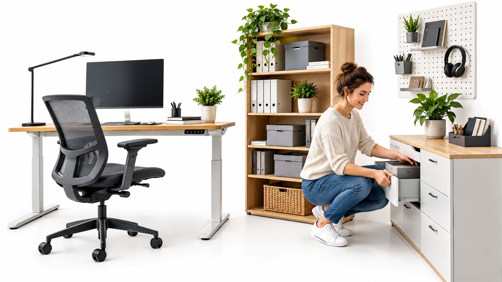 Eine lächelnde Frau kniet neben einem modernen Schreibtisch mit Regal, um eine Schublade im Büro zu öffnen.