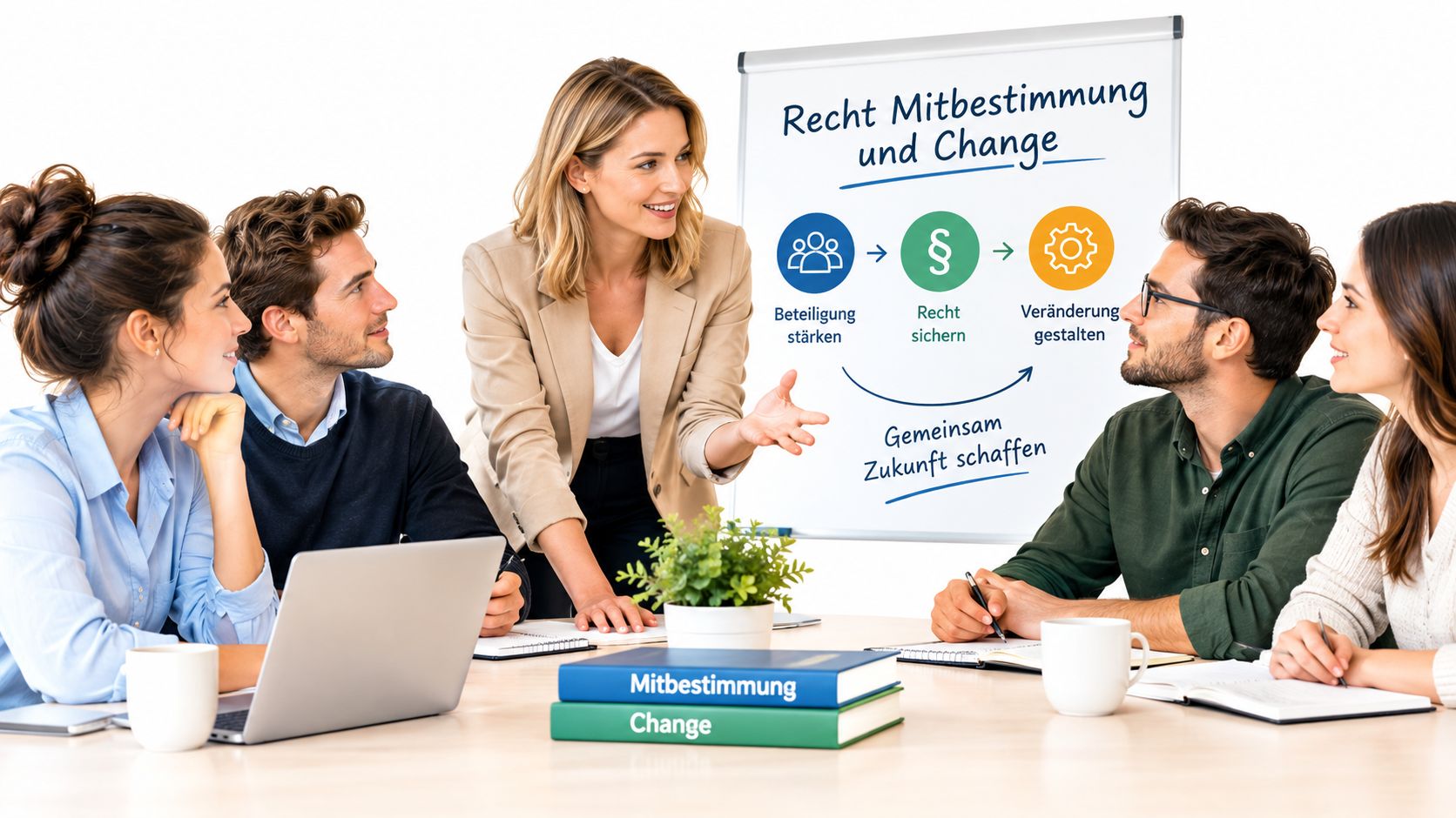 Eine Geschäftsfrau präsentiert vor einem Team Konzepte zu Mitbestimmung und Veränderungsprozessen in einem modernen Büro-Workshop.