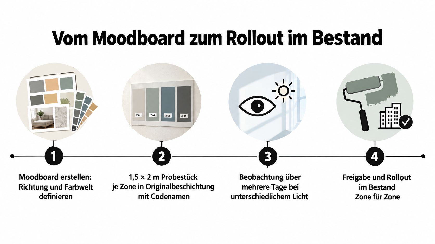 Eine Infografik mit vier Schritten zur Entwicklung und Umsetzung eines Farbkonzepts für Büroräume von der Planung bis zur Ausführung.