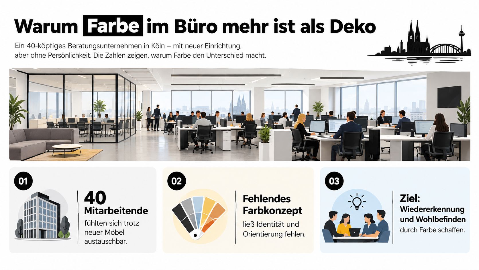 Eine Infografik zur Bedeutung von Farbkonzepten in einem modernen Büro für Mitarbeiteridentität und Wohlbefinden am Arbeitsplatz.