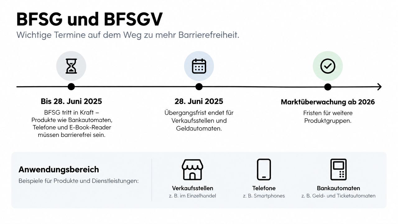 Eine Zeitleiste mit Fristen zur Barrierefreiheitsstärkungsgesetz-Verordnung und Beispielen für betroffene Produkte wie Geldautomaten und Telefone.