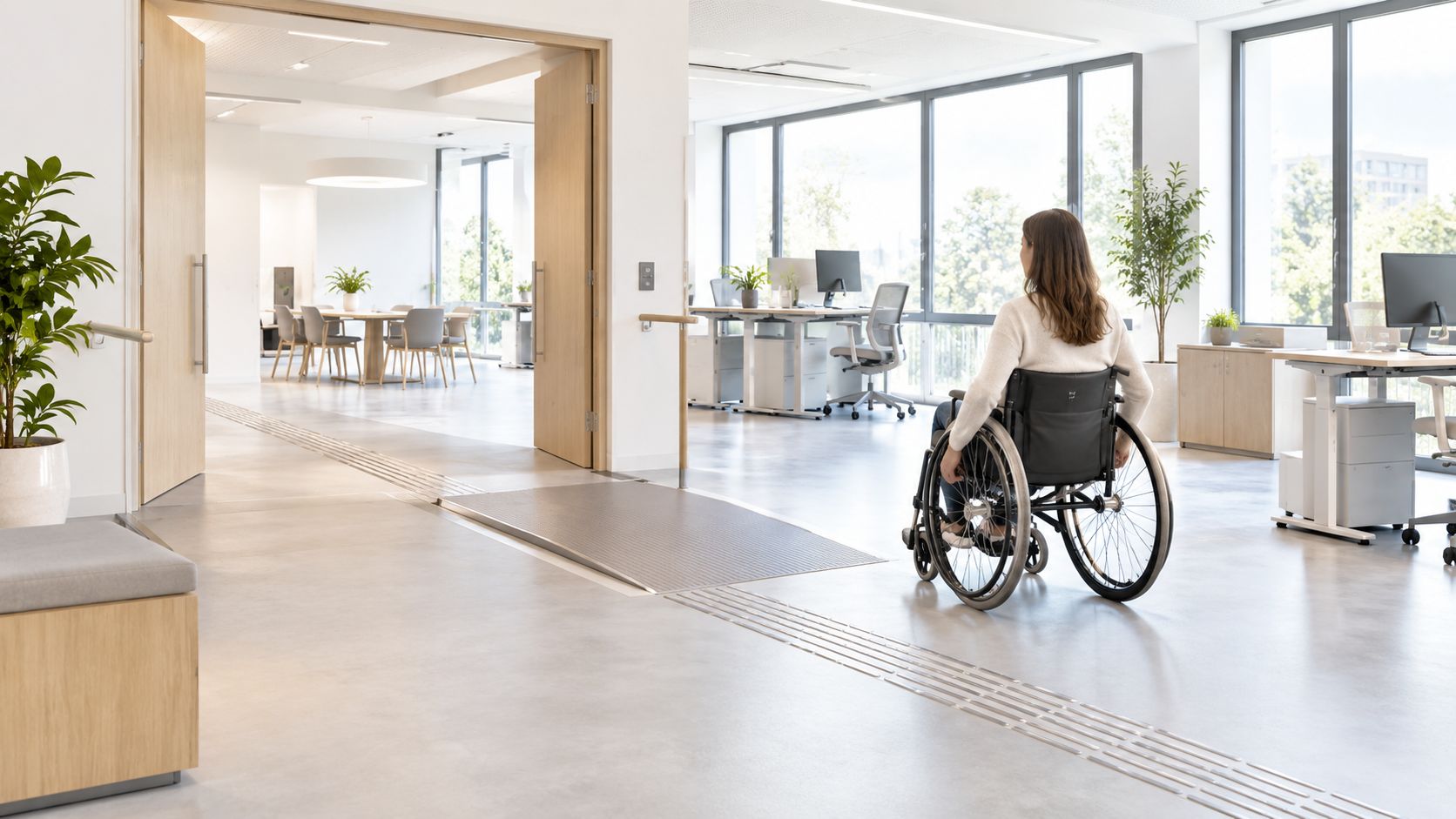 Eine Frau im Rollstuhl fährt durch ein helles, modernes und barrierefreies Büro mit behindertengerechter Rampe.