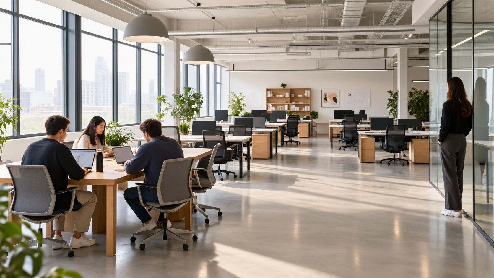 Moderne Büroatmosphäre mit jungen Mitarbeitern, die an Laptops in einem offenen, hellen und lichtdurchfluteten Arbeitsbereich arbeiten.