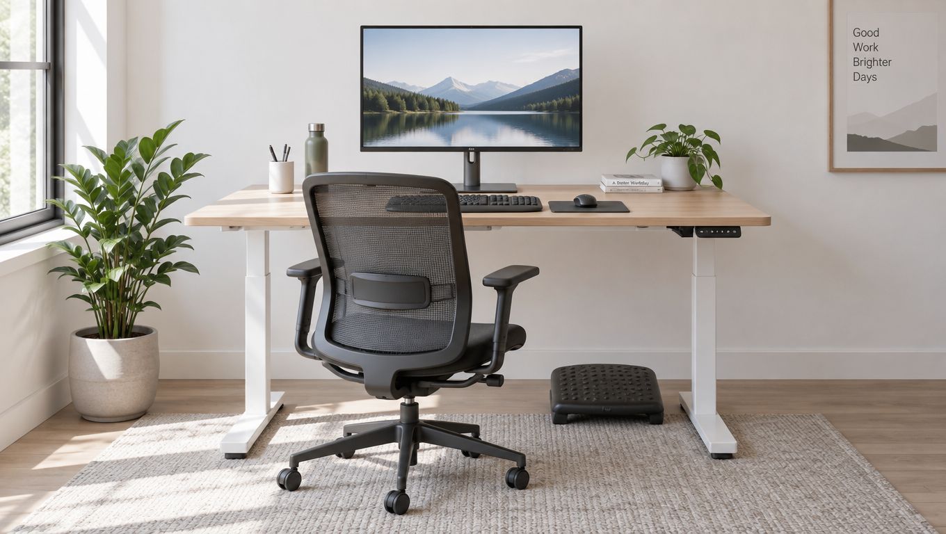 Ein moderner, heller Arbeitsplatz mit einem höhenverstellbaren Schreibtisch, einem ergonomischen Bürostuhl und einer Pflanze im sonnigen Zimmer.
