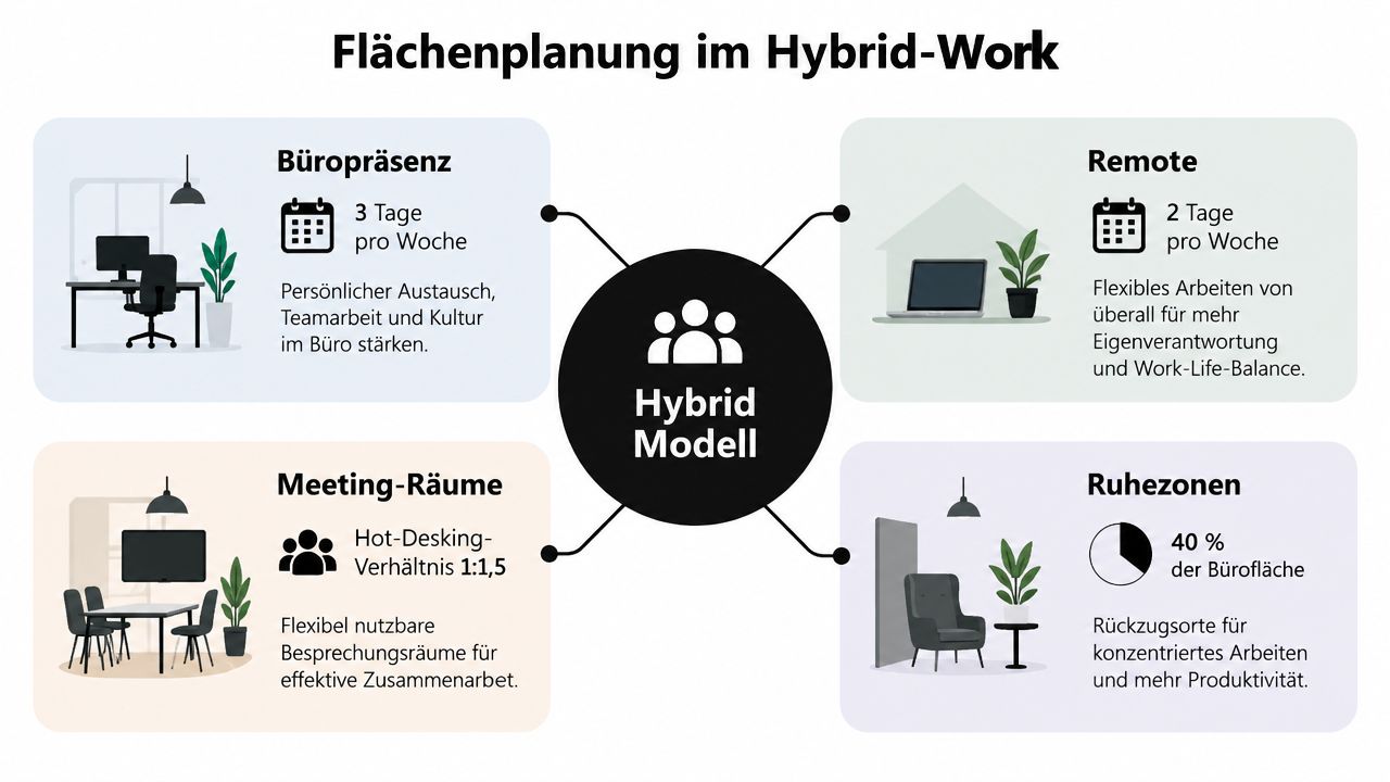 Grafische Darstellung der Büroflächenplanung für ein hybrides Arbeitsmodell mit Schwerpunkten auf Präsenz, Remote-Arbeit, Meeting-Räumen und Ruhezonen.