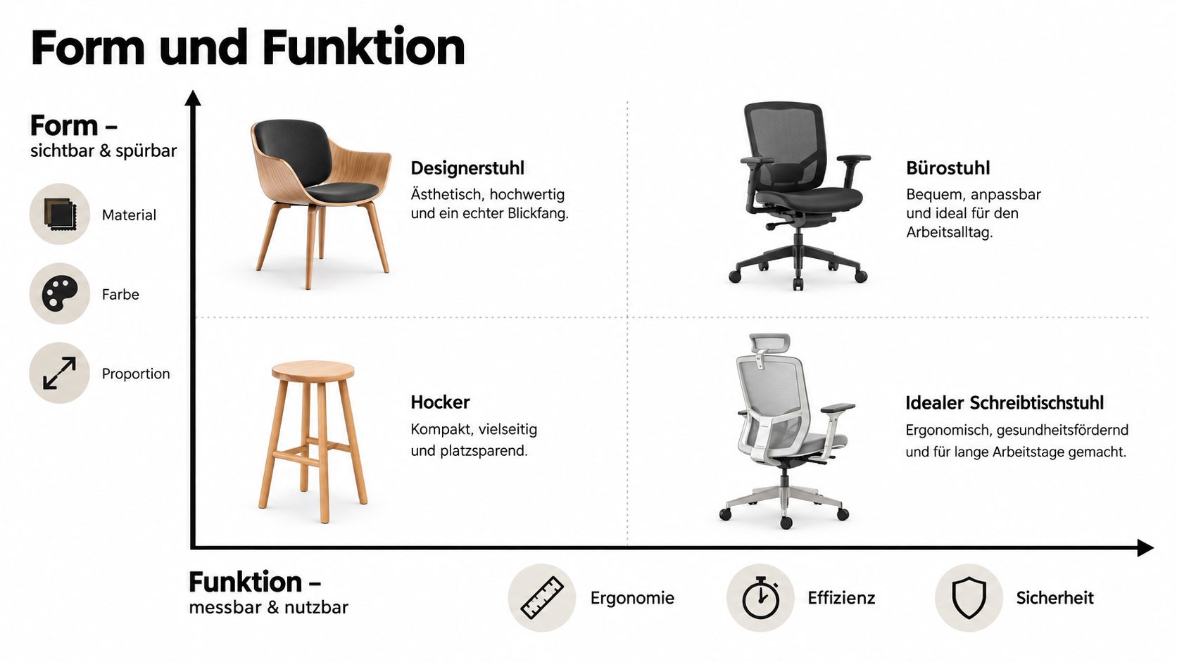 Eine Grafik vergleicht verschiedene Stuhlarten basierend auf ihrer Form (Design) und ihrer Funktion (Nutzen) im Arbeitsumfeld.