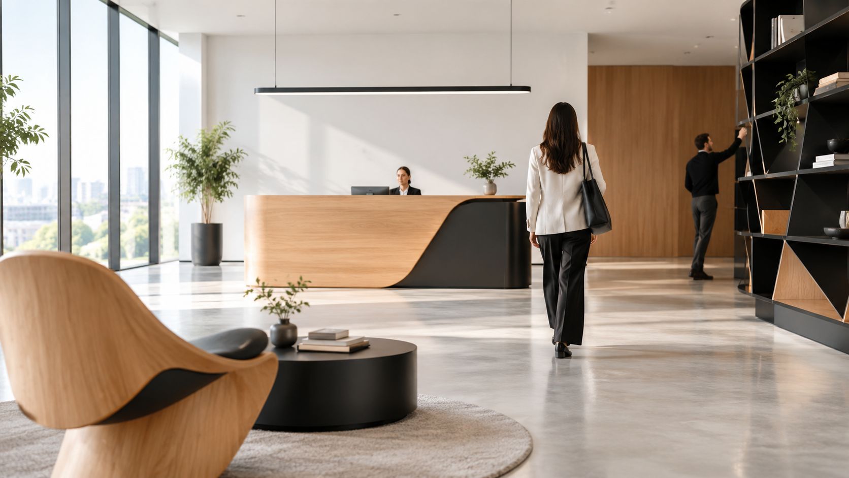 Eine moderne Bürolobby mit einem hölzernen Empfangstresen, Mitarbeitern und elegantem minimalistischem Design in einem hellen Raum.