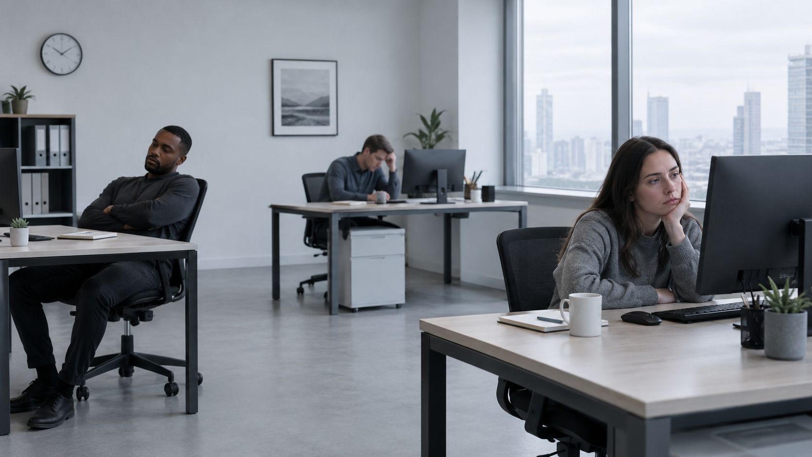 Drei gelangweilte Büroangestellte sitzen in einem modernen Großraumbüro mit Blick auf eine Stadtkulisse am Fenster.