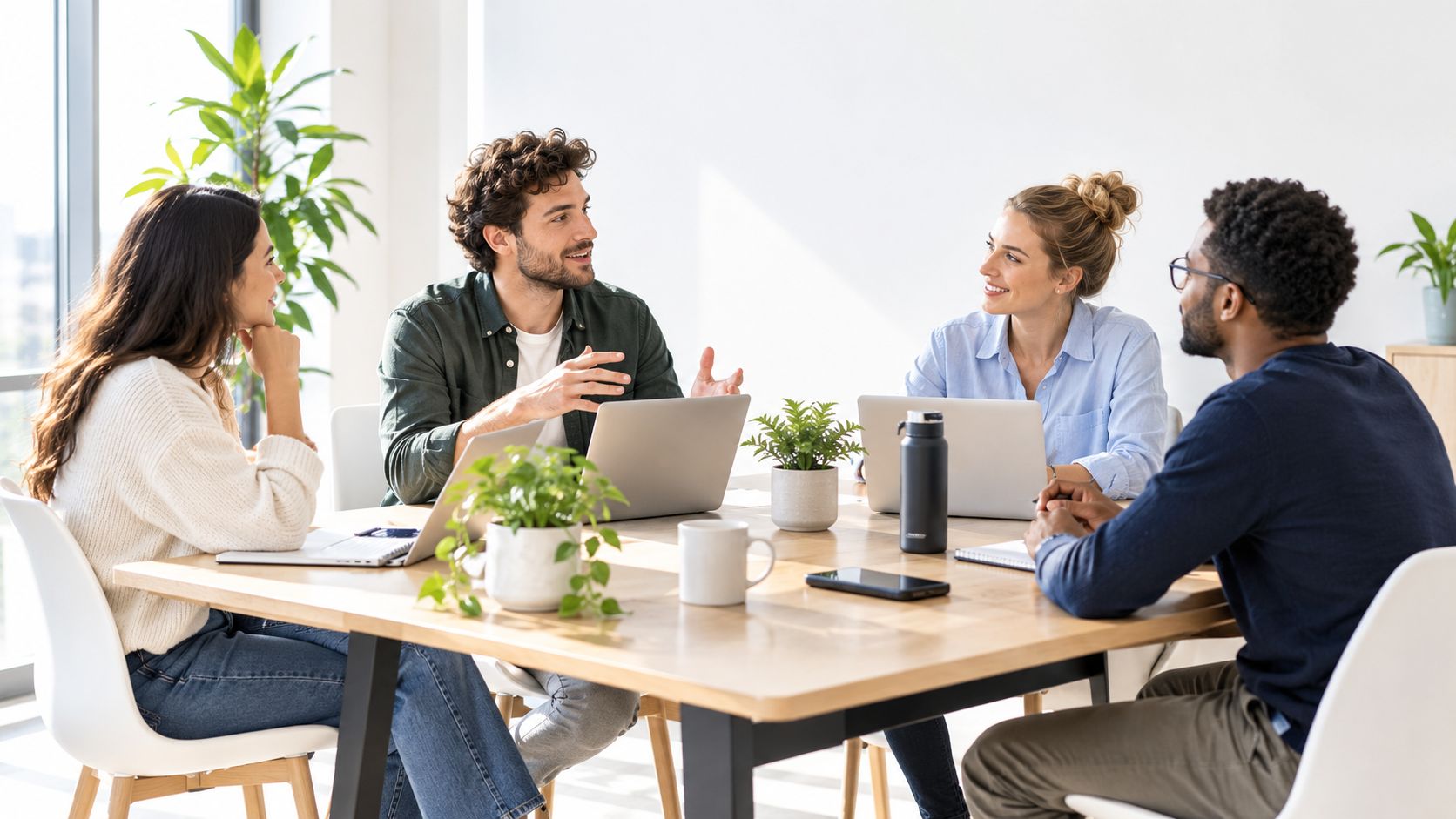 Ein diverses Team von vier jungen Fachkräften führt ein produktives Meeting an einem hellen Bürotisch.