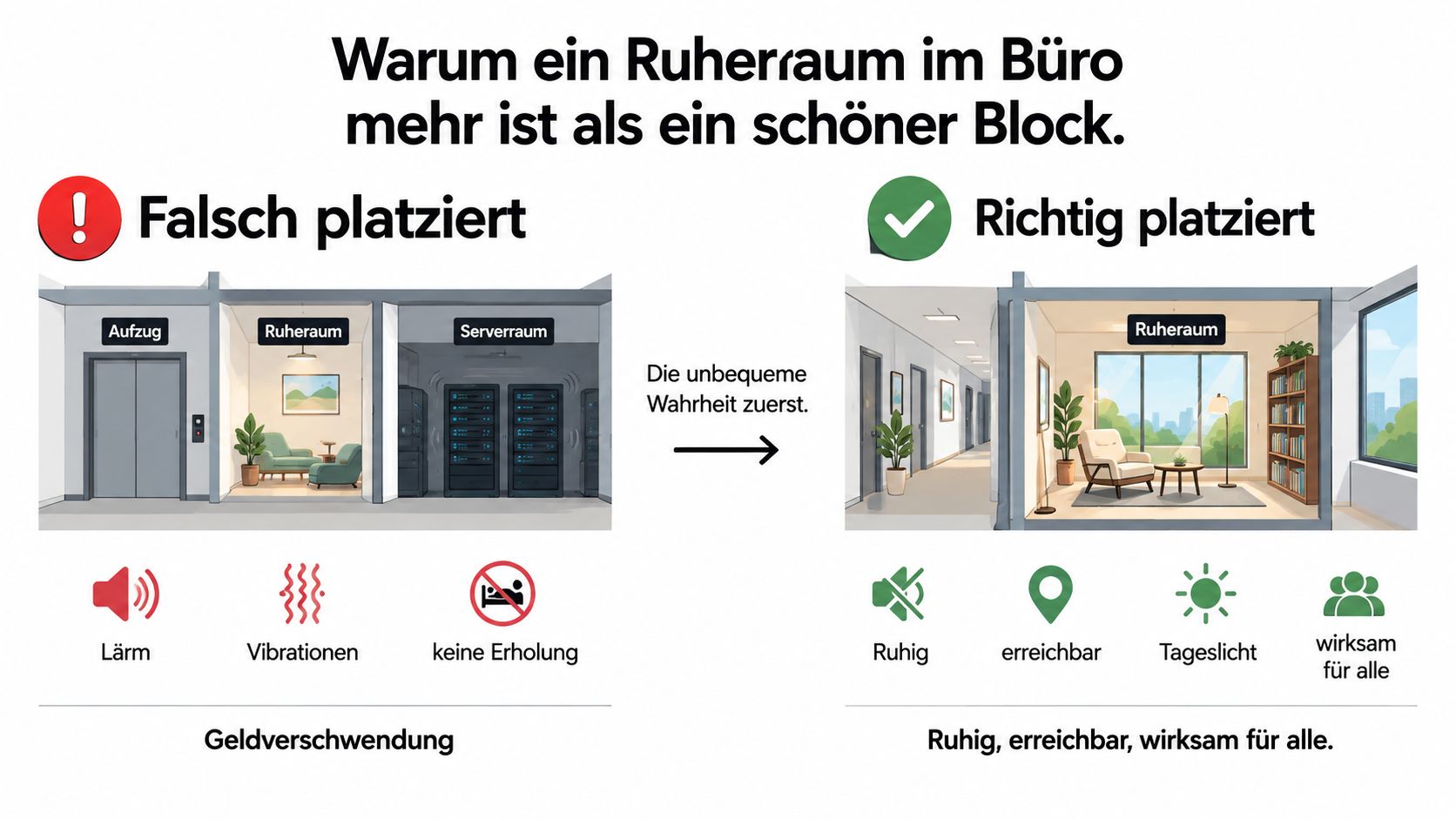 Infografik zum Vergleich von falsch und richtig platzierten Ruheräumen in einem Bürokontext für bessere Mitarbeitererholung.