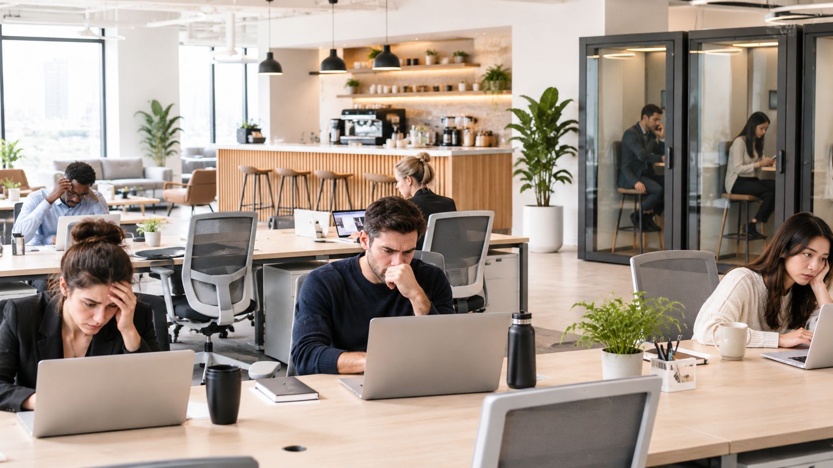 Ein modernes Büro mit mehreren Personen, die konzentriert an Laptops arbeiten, während andere in Telefonkabinen sitzen.