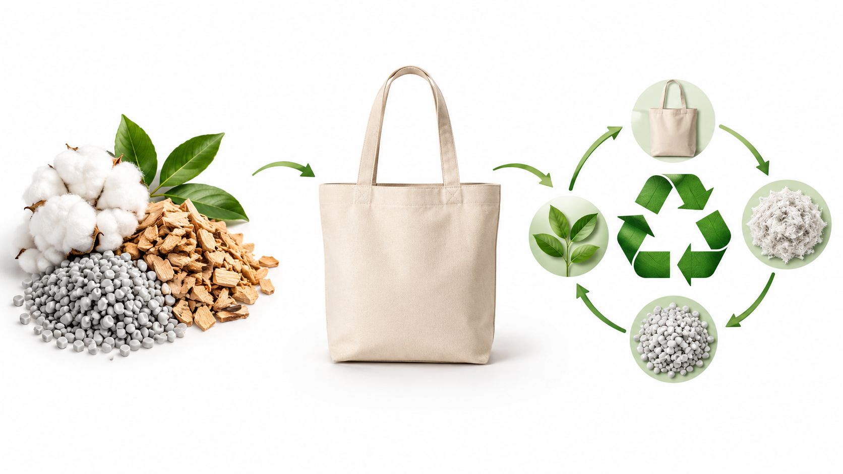Ein Baumwolltote-Bag-Design zeigt den nachhaltigen Kreislauf von natürlichen Rohstoffen bis hin zur Wiederverwertung und neuen Produktion.