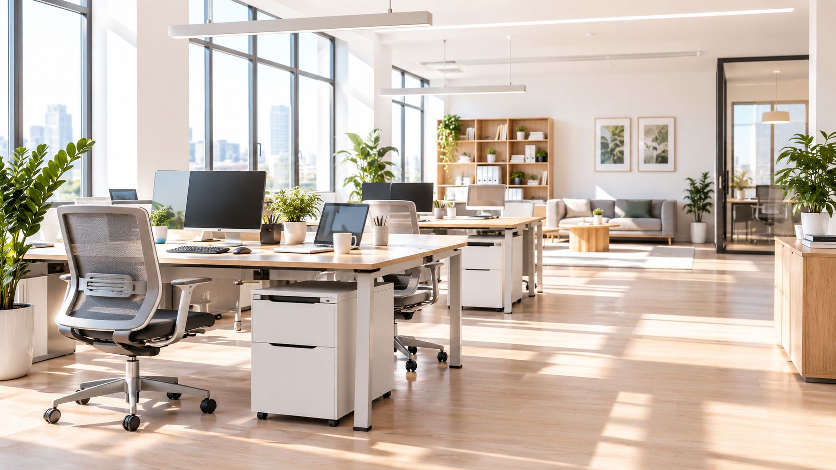 Ein helles und modern eingerichtetes Großraumbüro mit ergonomischen Stühlen, Schreibtischen, Pflanzen und einer gemütlichen Lounge-Ecke im Hintergrund.