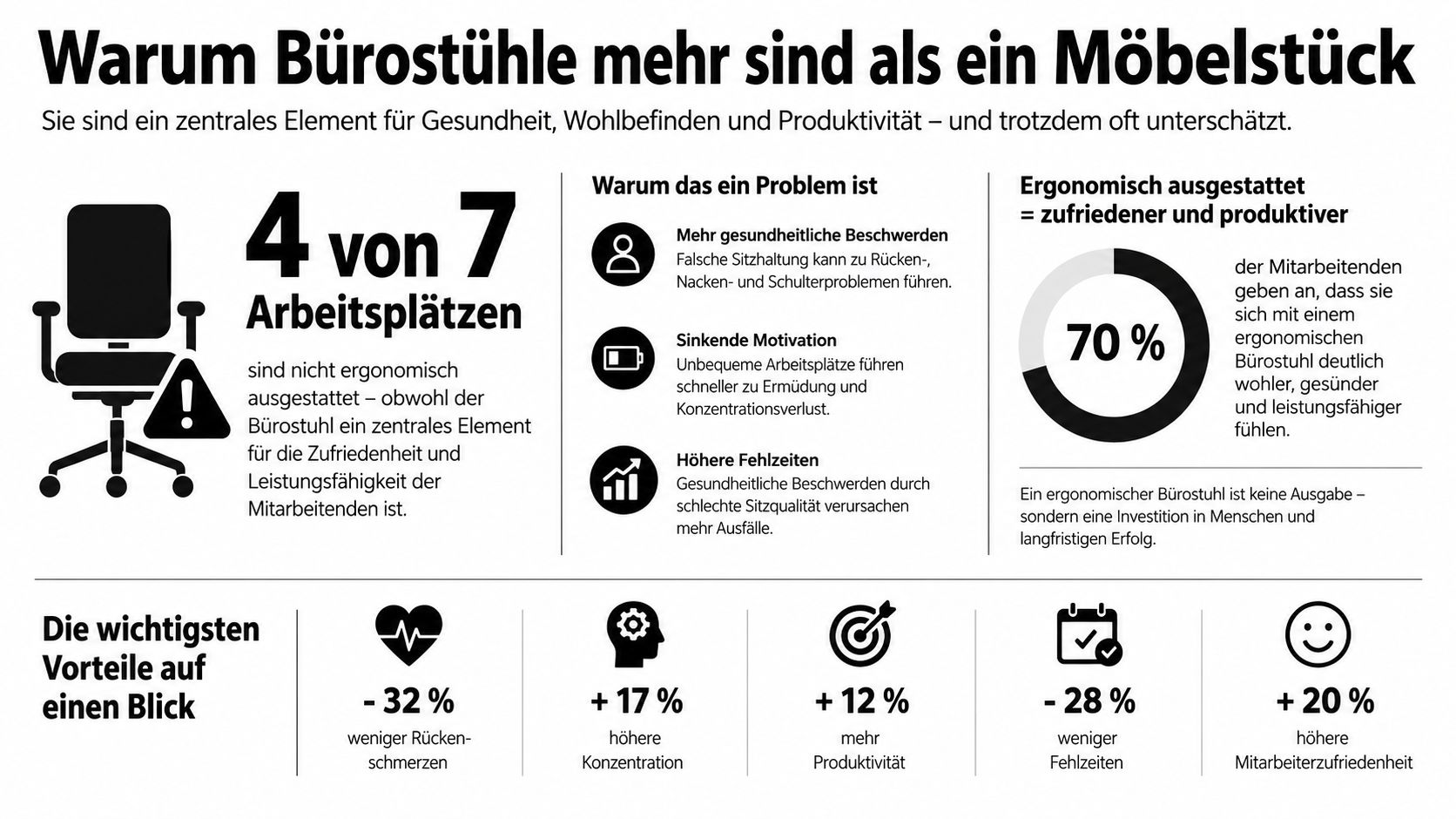 Infografik über die gesundheitlichen und wirtschaftlichen Vorteile ergonomischer Bürostühle für die Produktivität und das Wohlbefinden am Arbeitsplatz.