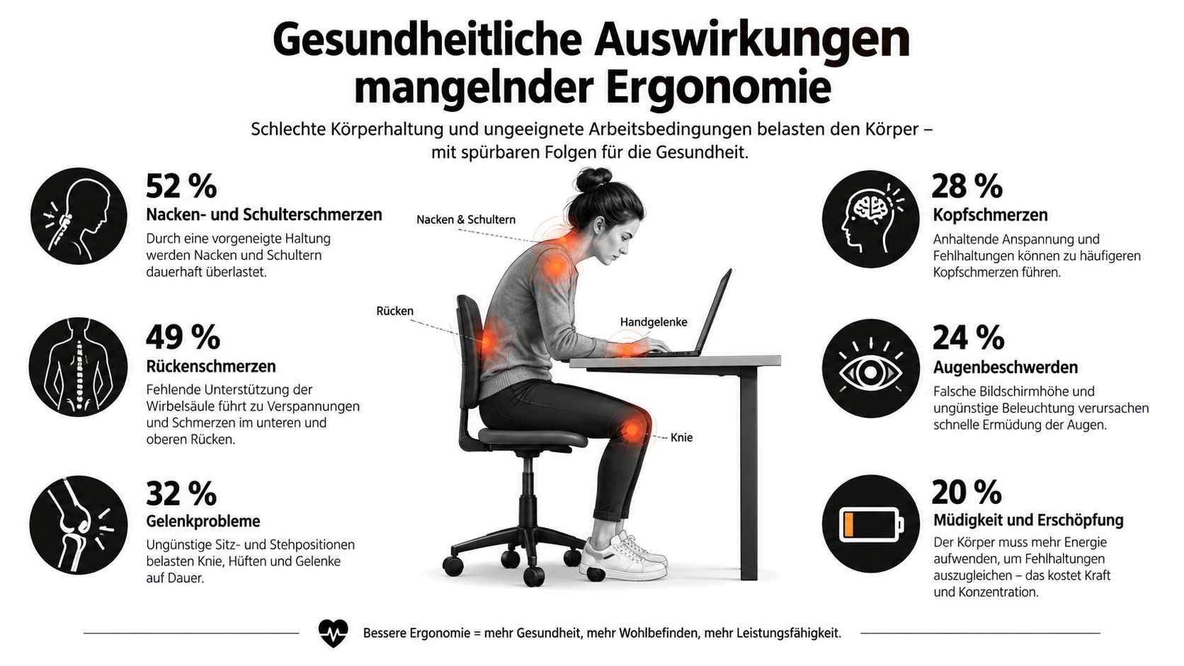 Infografik über gesundheitliche Auswirkungen mangelnder Ergonomie am Arbeitsplatz mit Statistiken zu Schmerzen und Müdigkeit bei Büroarbeitern.