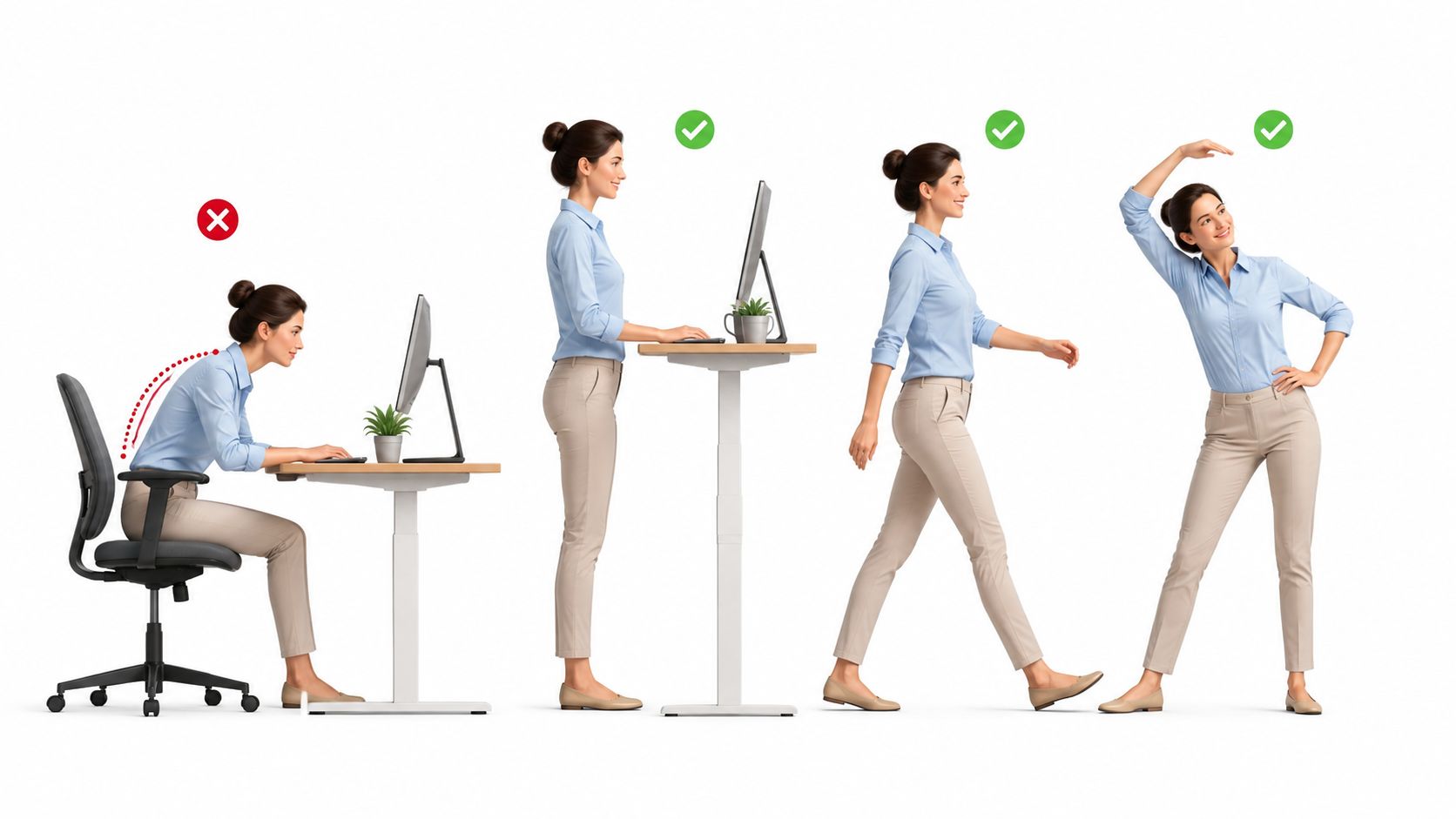 Eine Frau in einem Büro demonstriert die richtige Haltung bei der Arbeit mit ergonomischen Tipps zur Prävention.