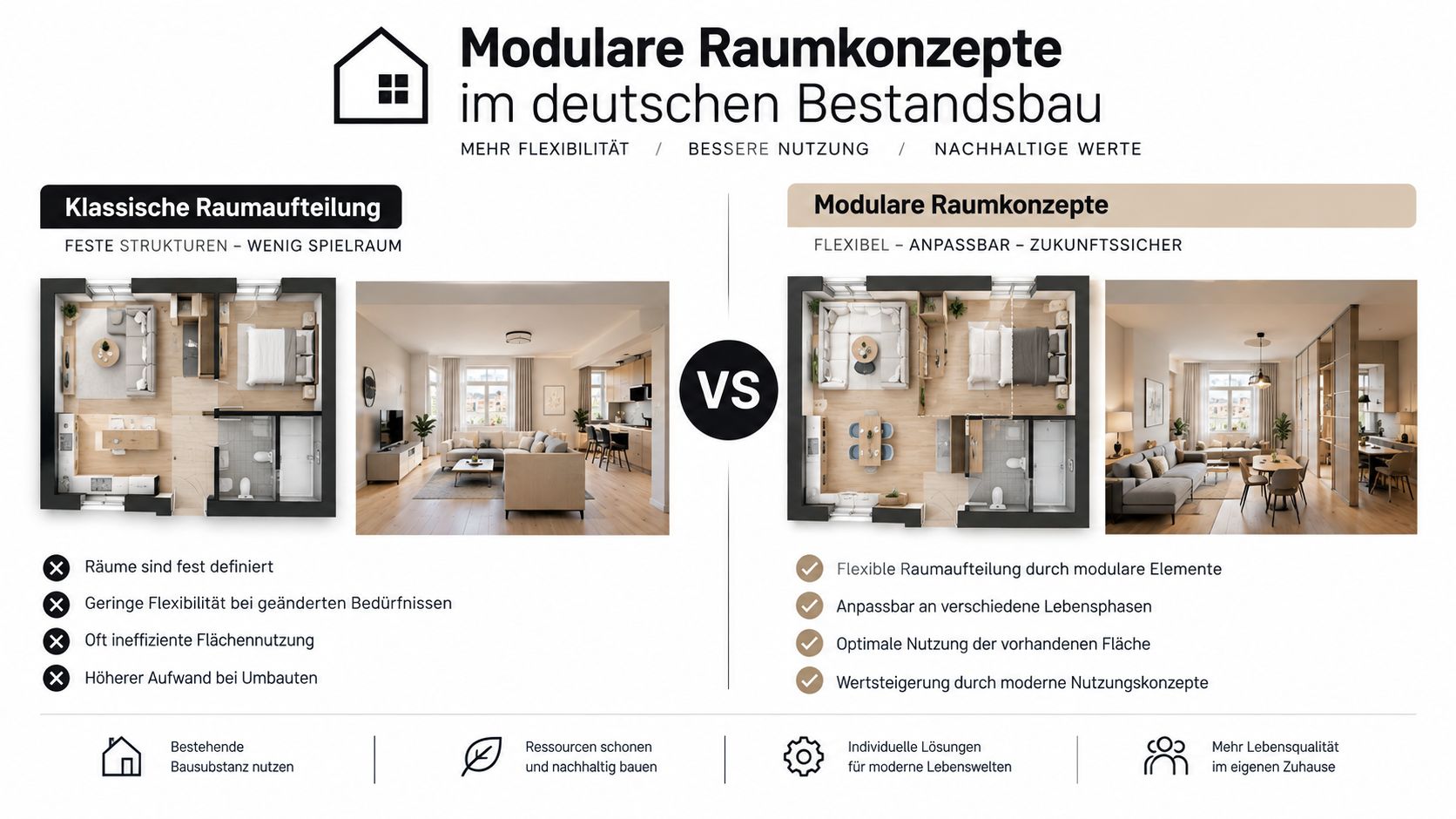 Ein Vergleichsbild zwischen klassischer und modularer Raumaufteilung für eine flexiblere und effizientere Nutzung von Wohnraum.