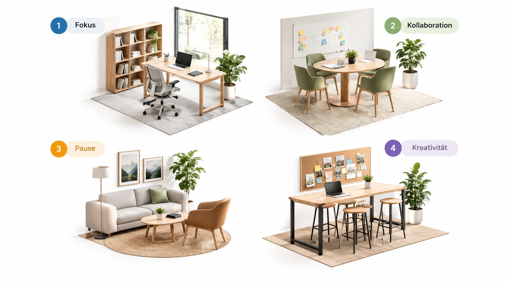 Eine grafische Übersicht von vier verschiedenen Büro-Arbeitsbereichen für Fokus, Kollaboration, Pause und Kreativität in modernem Design.