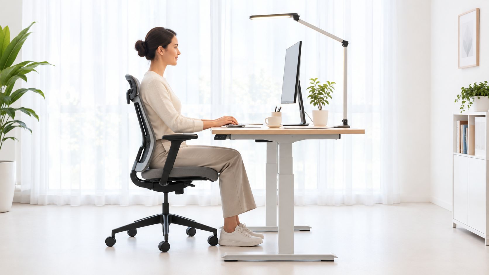 Eine Frau arbeitet an einem ergonomischen Schreibtisch in einem hellen, modern eingerichteten Büro für eine gute Haltung.