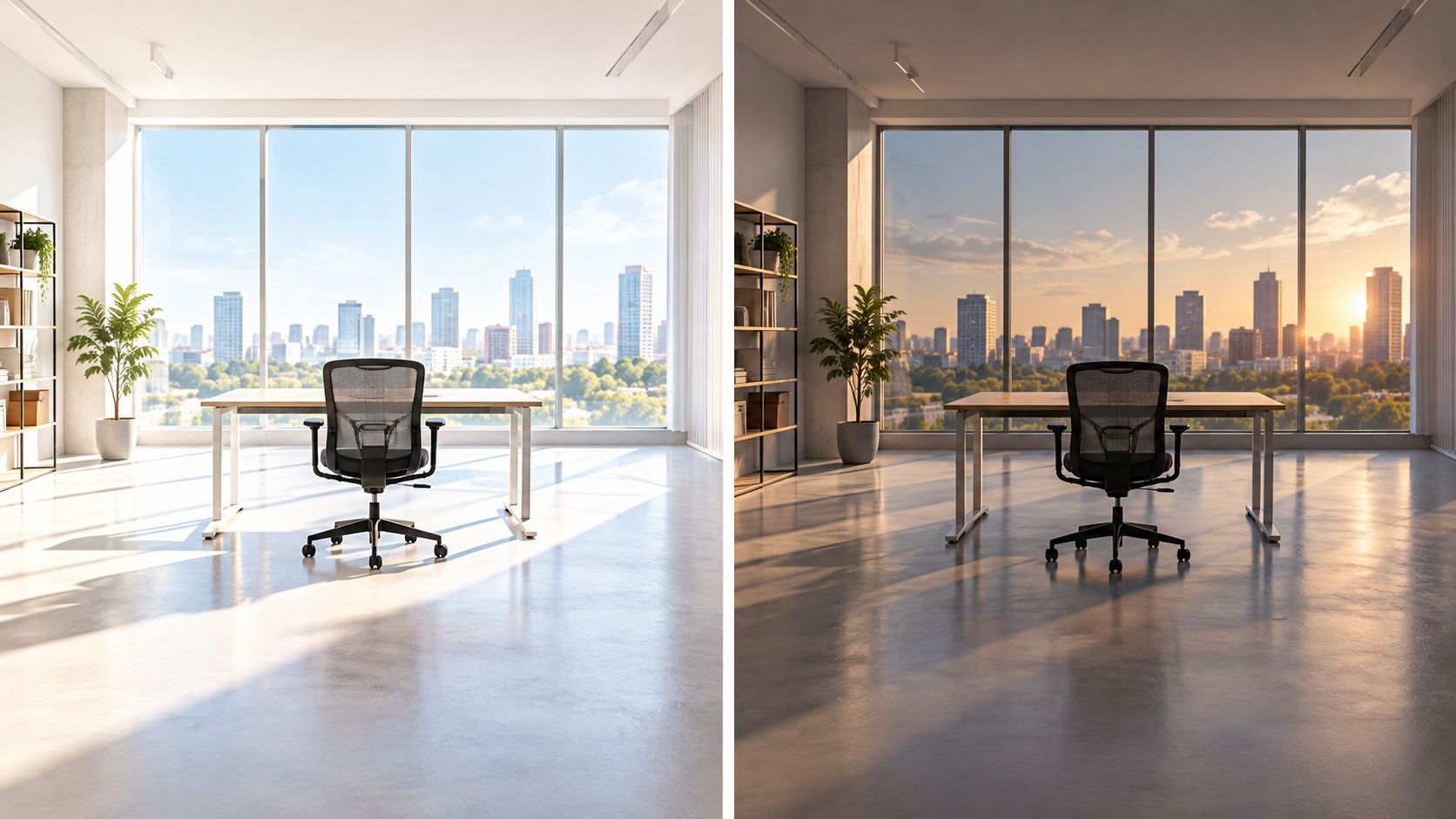 Ein helles, modernes Büro mit einem Schreibtisch und Blick auf eine Skyline bei Tag und Abend.