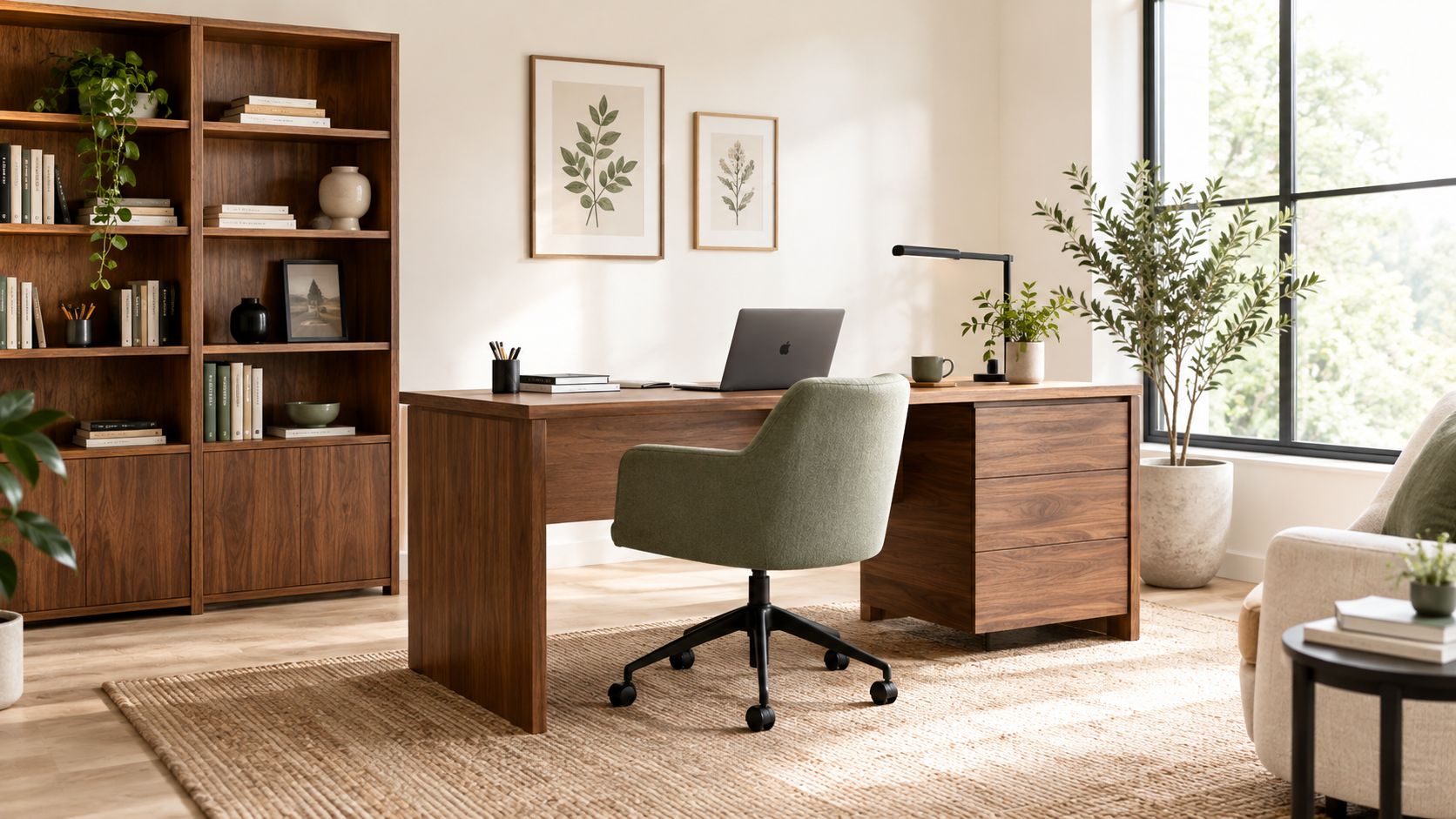 Ein stilvolles, modern eingerichtetes Homeoffice mit einem Schreibtisch aus Holz, einem grünen Bürostuhl und dekorativen Pflanzen.
