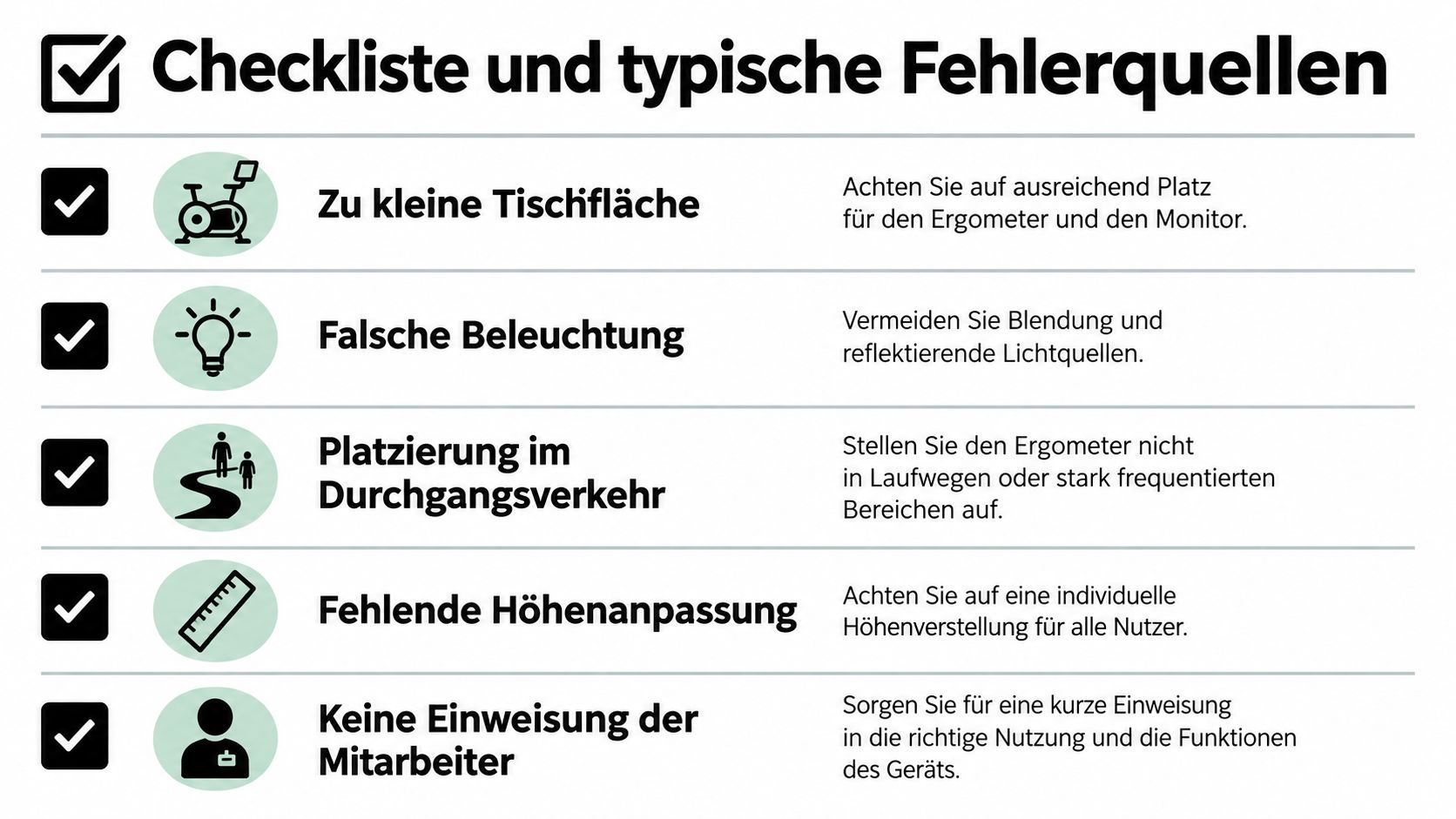 Checkliste mit Tipps zur Vermeidung typischer Fehlerquellen bei der Einrichtung von Ergometern am Arbeitsplatz.