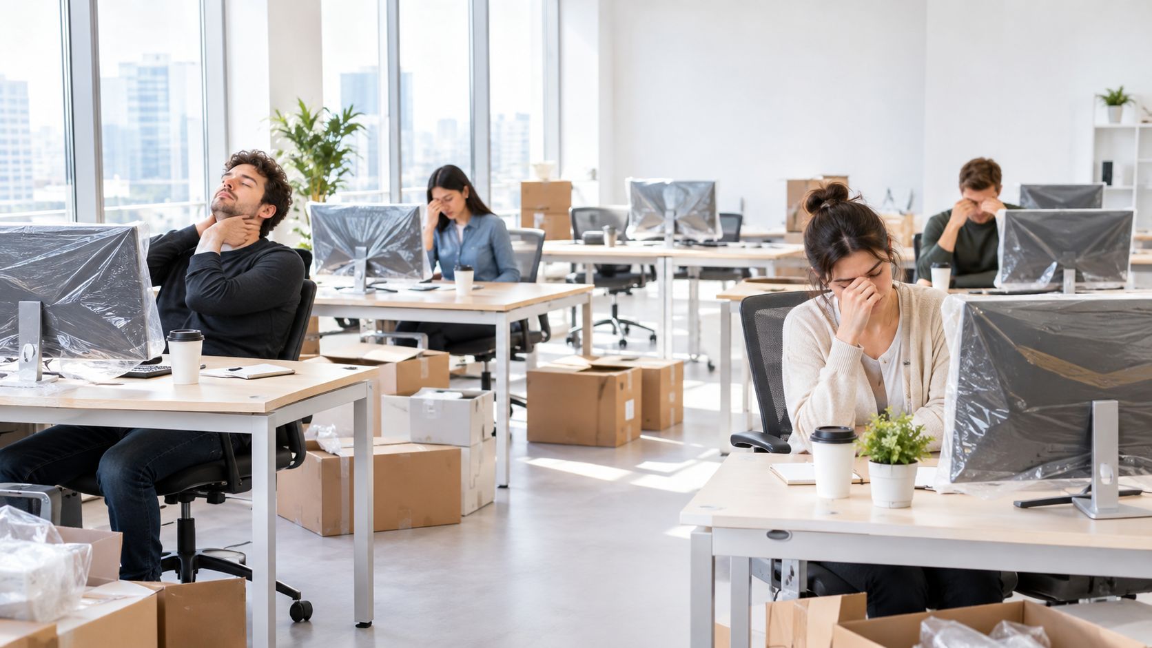 Gestresste Büroangestellte leiden an ihrem Arbeitsplatz unter Erschöpfung, Müdigkeit und körperlichen Beschwerden bei der täglichen Arbeit.