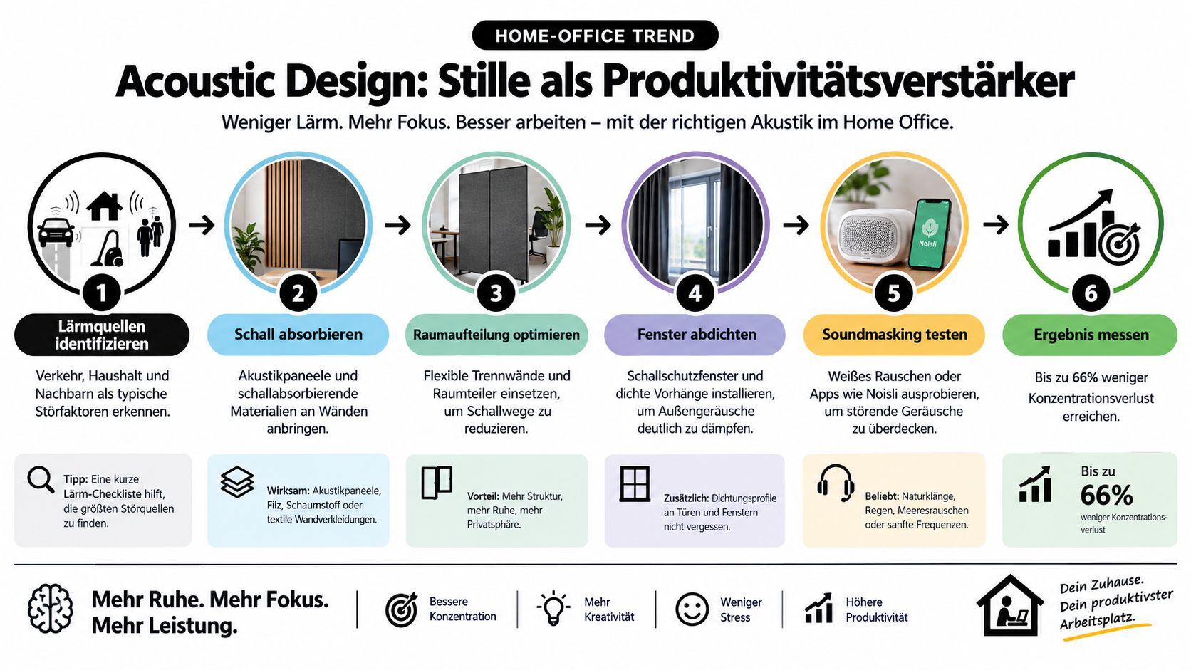 Eine Infografik zeigt sechs Schritte zur Optimierung der Raumakustik im Homeoffice für mehr Konzentration und weniger Lärm.