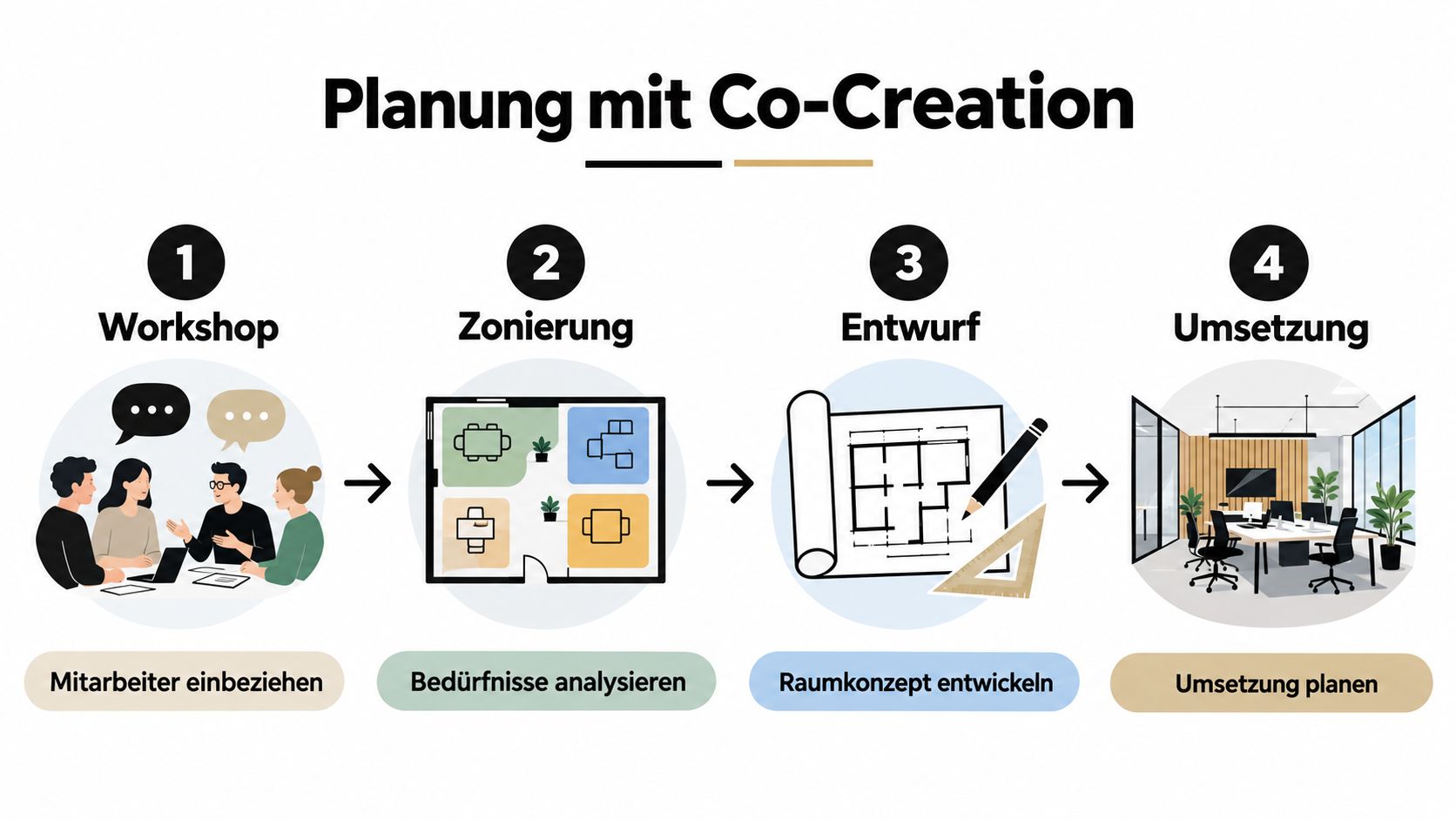 Eine Infografik zur Planung von Arbeitsräumen mit vier Phasen von der Mitarbeiterbeteiligung bis zur finalen Umsetzung.