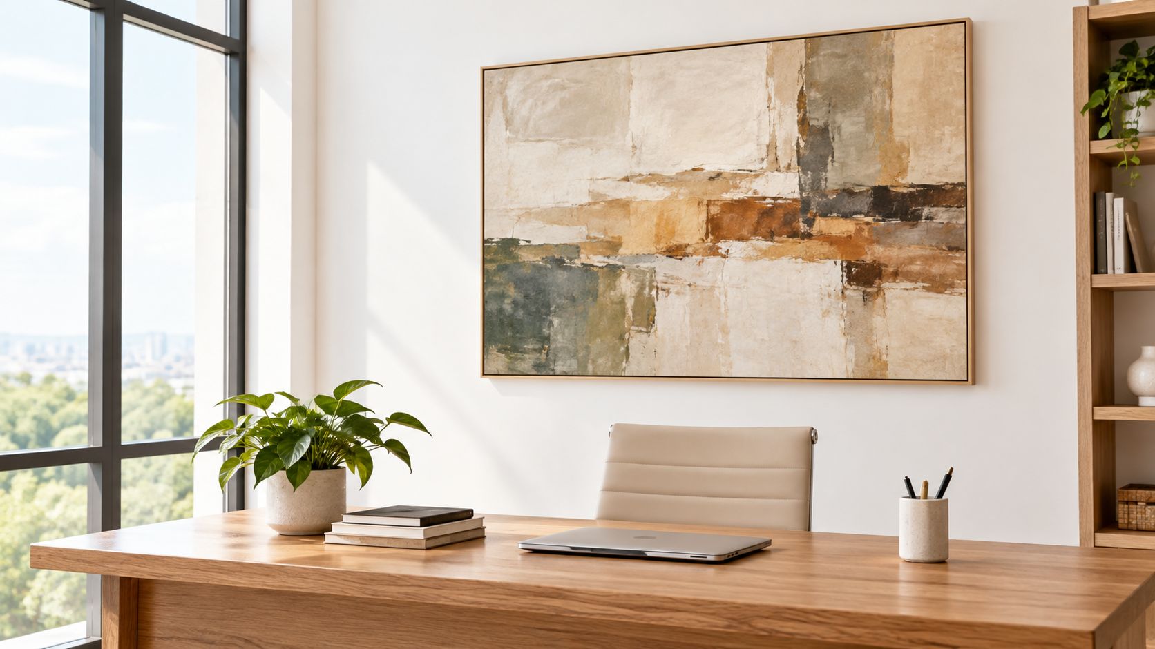 Ein moderner Schreibtisch mit einem Laptop, einer Pflanze und einem großen abstrakten Kunstwerk an der weißen Wand.